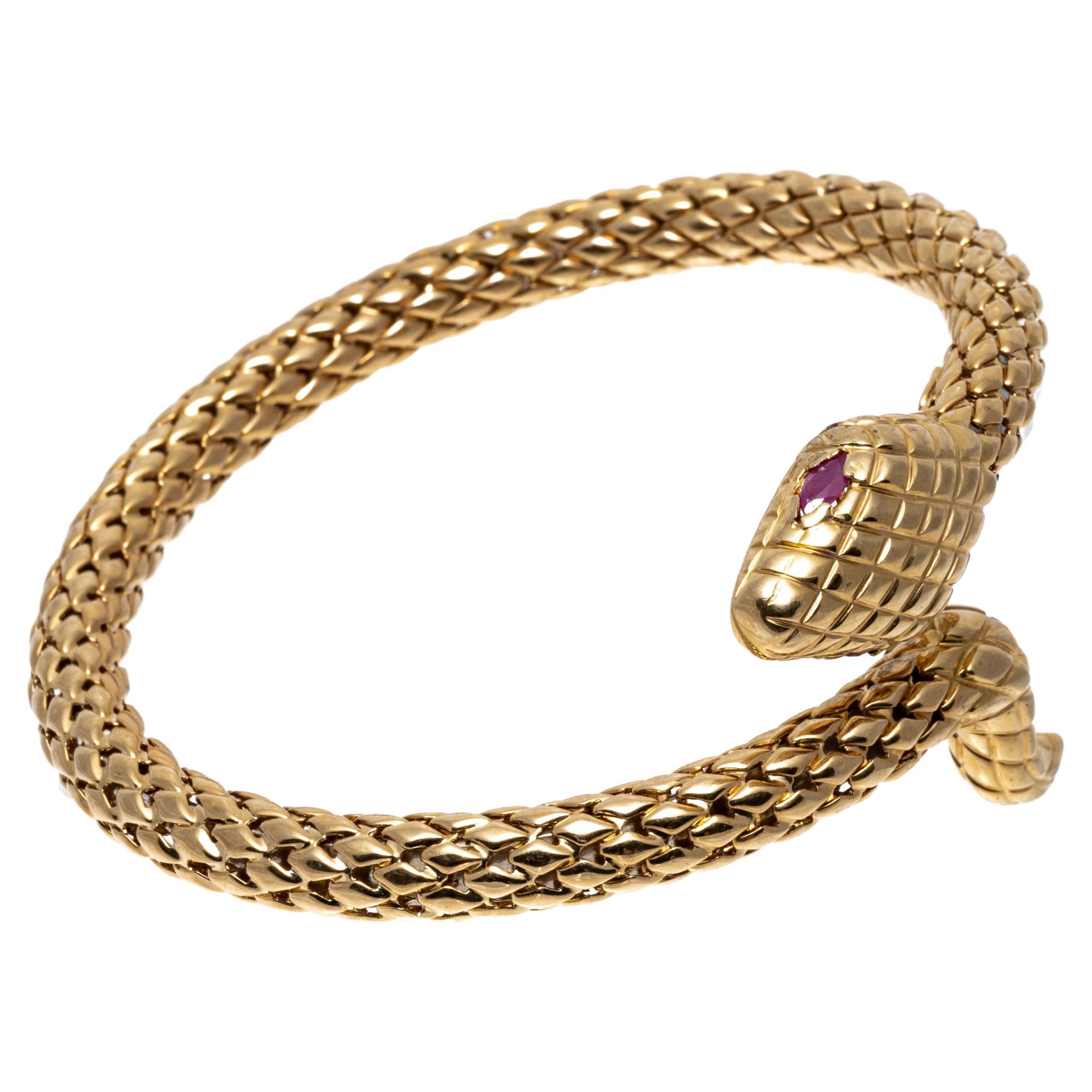 14k Yellow Gold Quilted Coiled Serpent Bracelet, With Ruby Eyes
