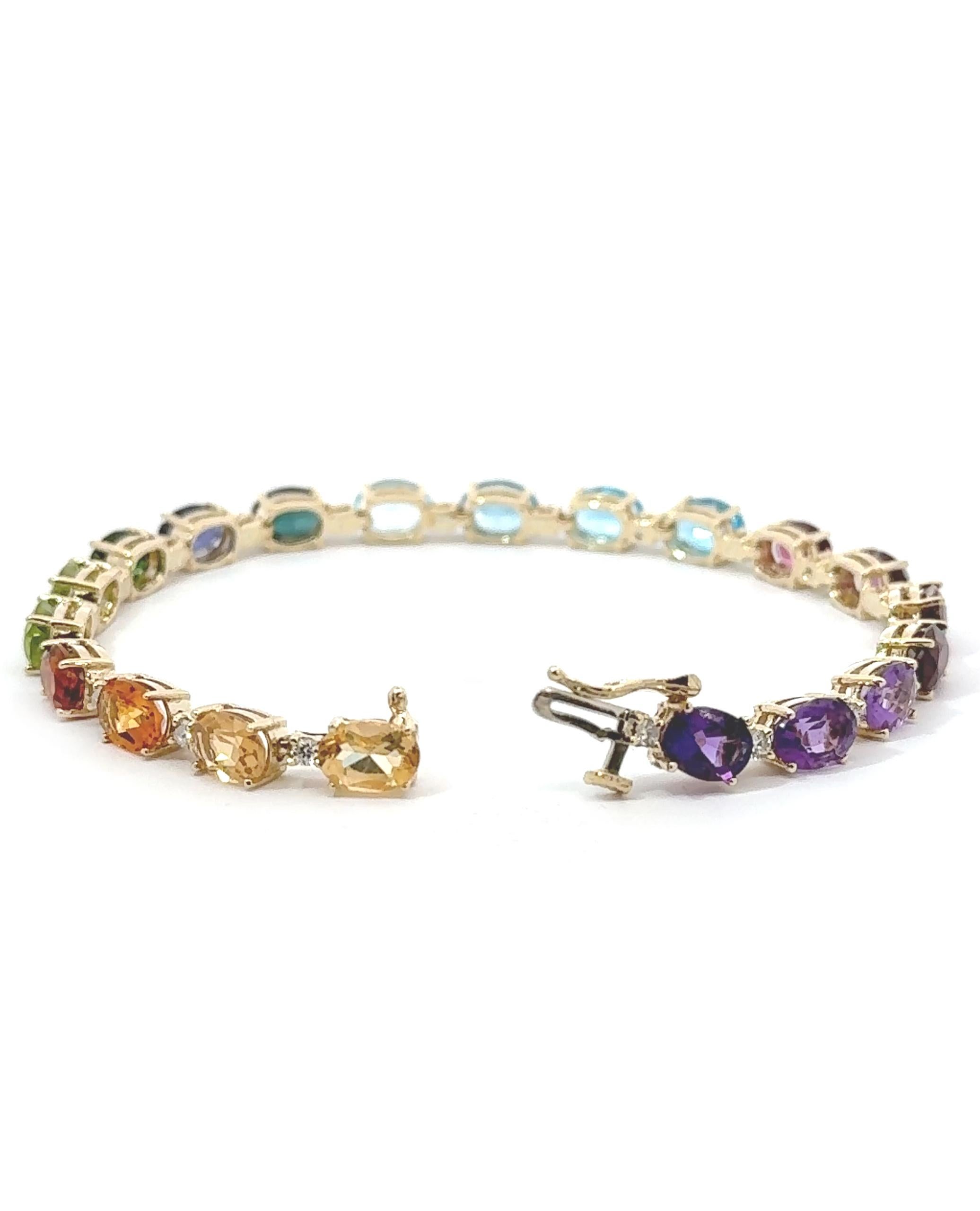 Oval Cut 14K Yellow Gold Rainbow Bracelet with Semiprecious Stones For Sale