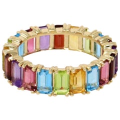 14 Karat Yellow Gold Rainbow Gemstone Eternity Band 6.44 Carat Ring