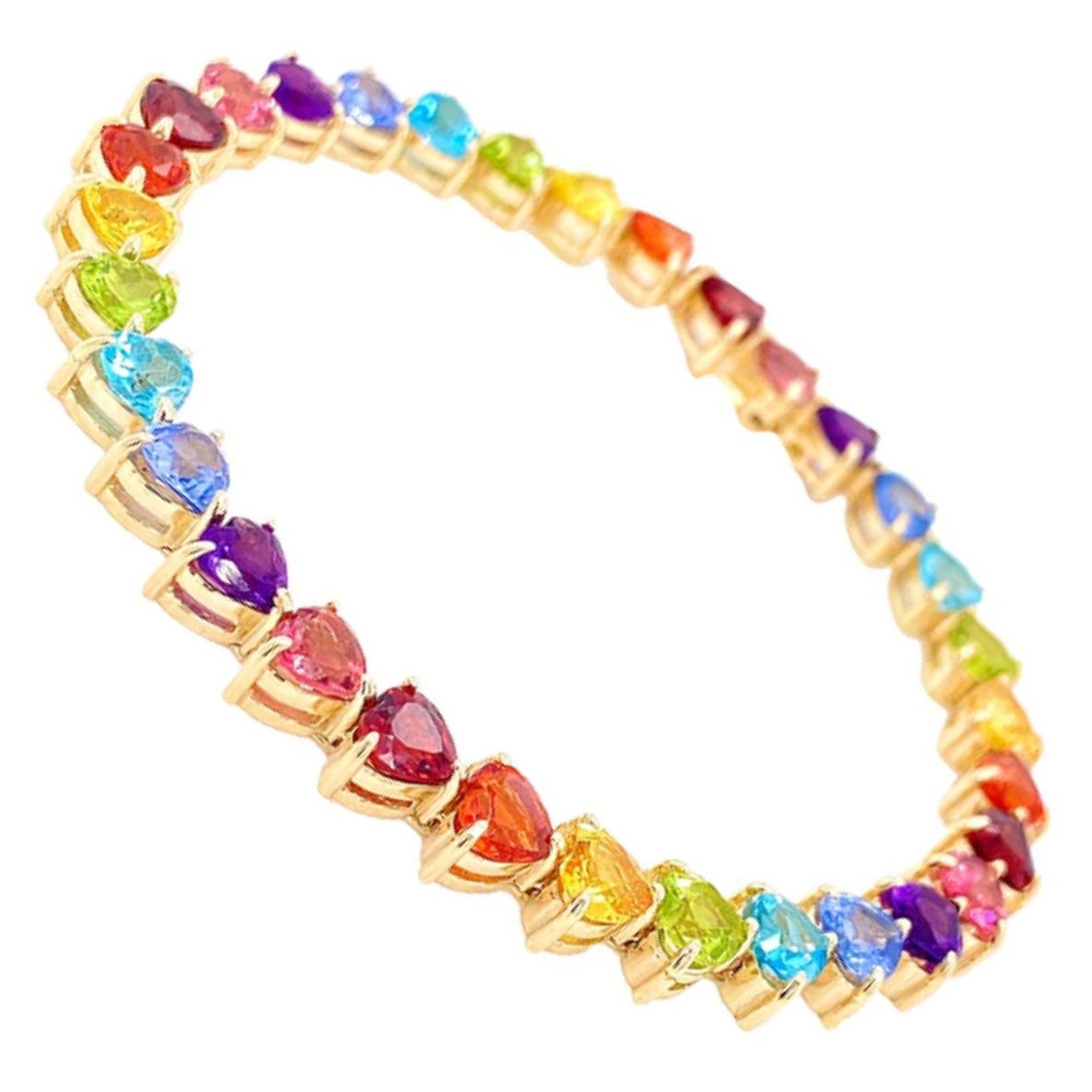Bracciale tennis con cuore arcobaleno in oro giallo 14K e pietre preziose in vendita