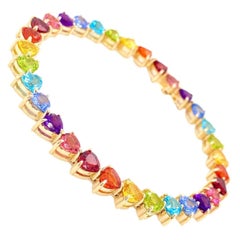 Bracelet tennis en or jaune 14 carats avec cœur arc-en-ciel et pierres précieuses