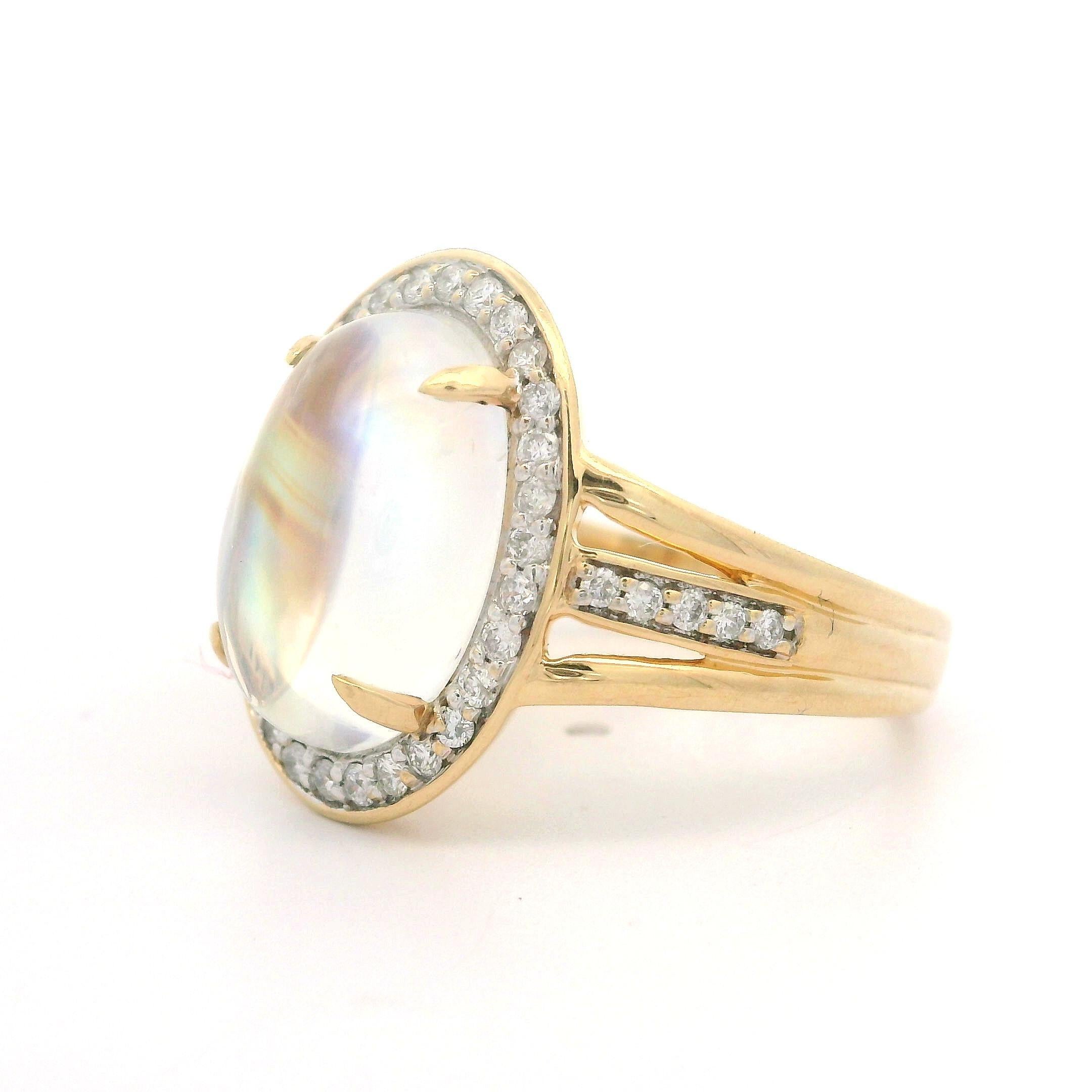 14k Yellow Gold Rainbow Moonstone & 0.30ctw Diamond Oval Large Ring 6
