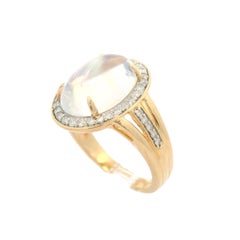 14k Yellow Gold Rainbow Moonstone & 0.30ctw Diamond Oval Large Ring