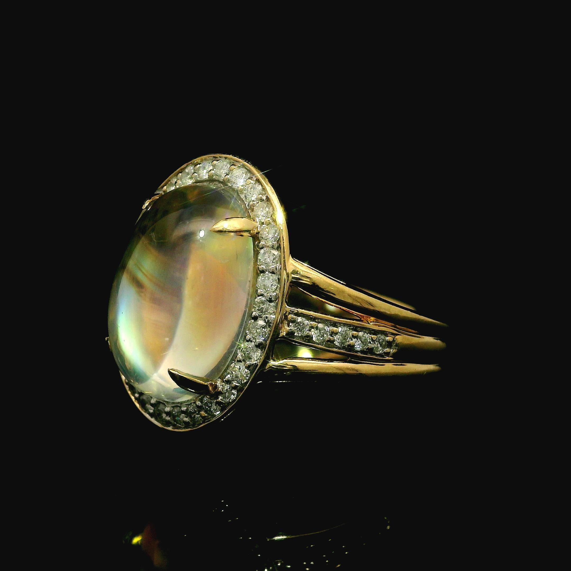 14k Yellow Gold Rainbow Moonstone & 0.30ctw Diamond Oval Large Ring 1