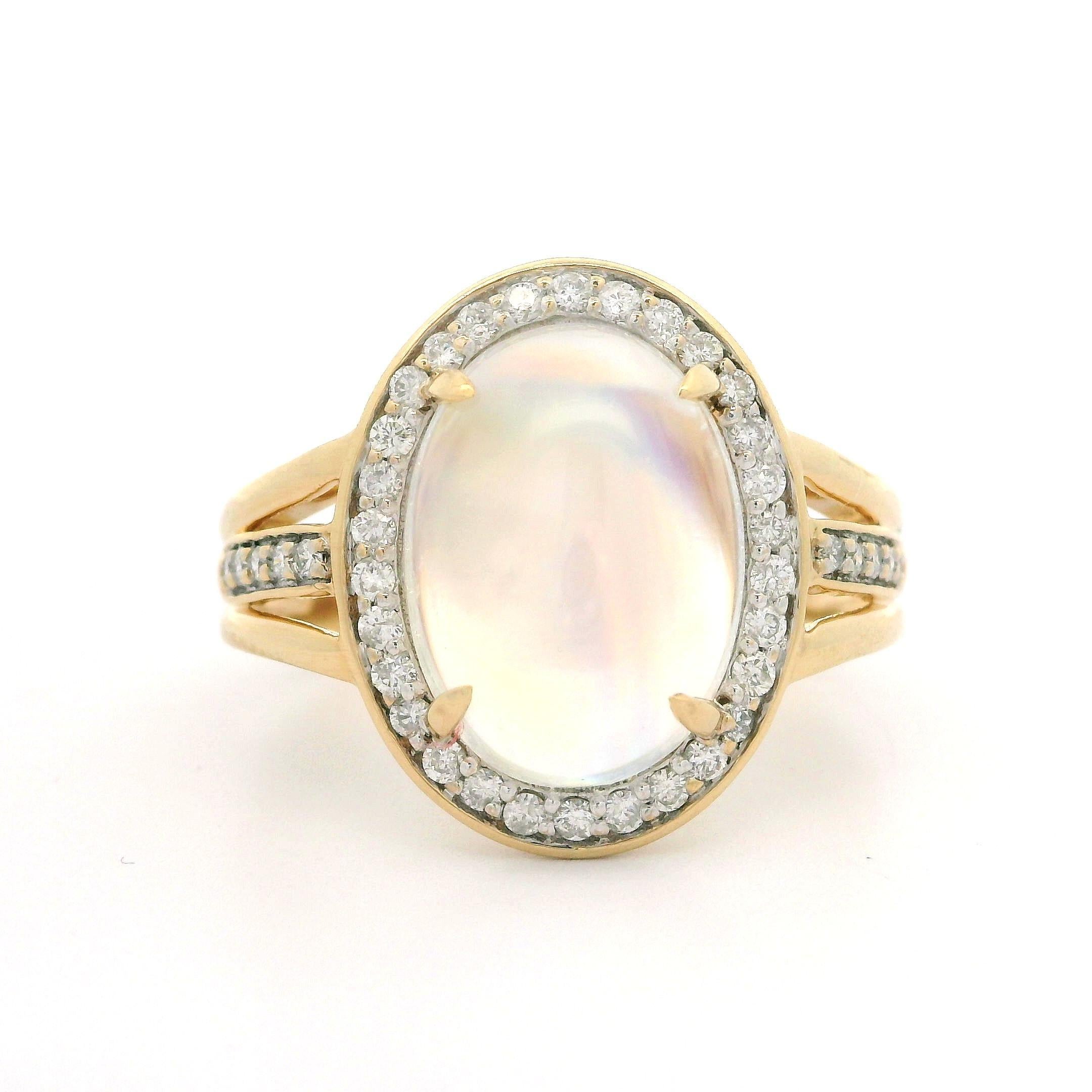 14k Yellow Gold Rainbow Moonstone & 0.30ctw Diamond Oval Large Ring 4