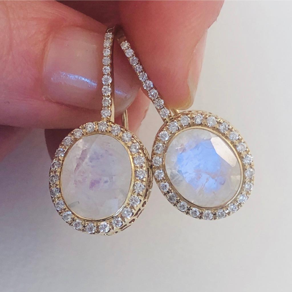 14 Karat Yellow Gold Rainbow Moonstone and Diamond Halo Gemset Dangle Earring In New Condition For Sale In Mountain Brook, AL