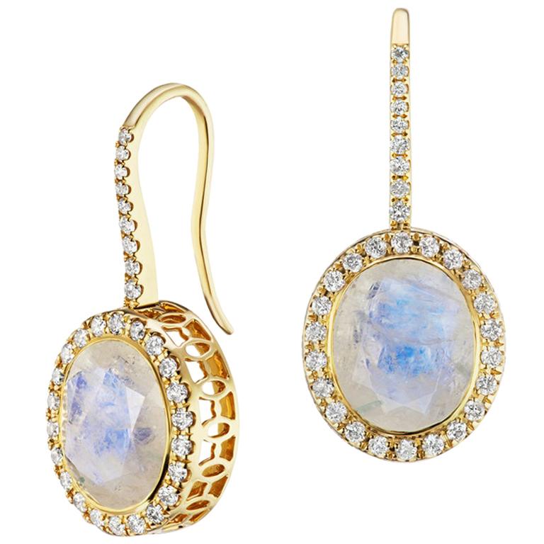 14 Karat Yellow Gold Rainbow Moonstone and Diamond Halo Gemset Dangle Earring For Sale