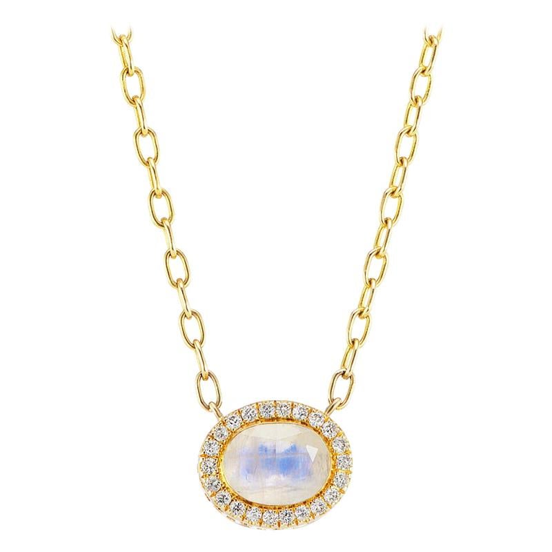 14 Karat Yellow Gold Rainbow Moonstone and Diamond Halo Necklace
