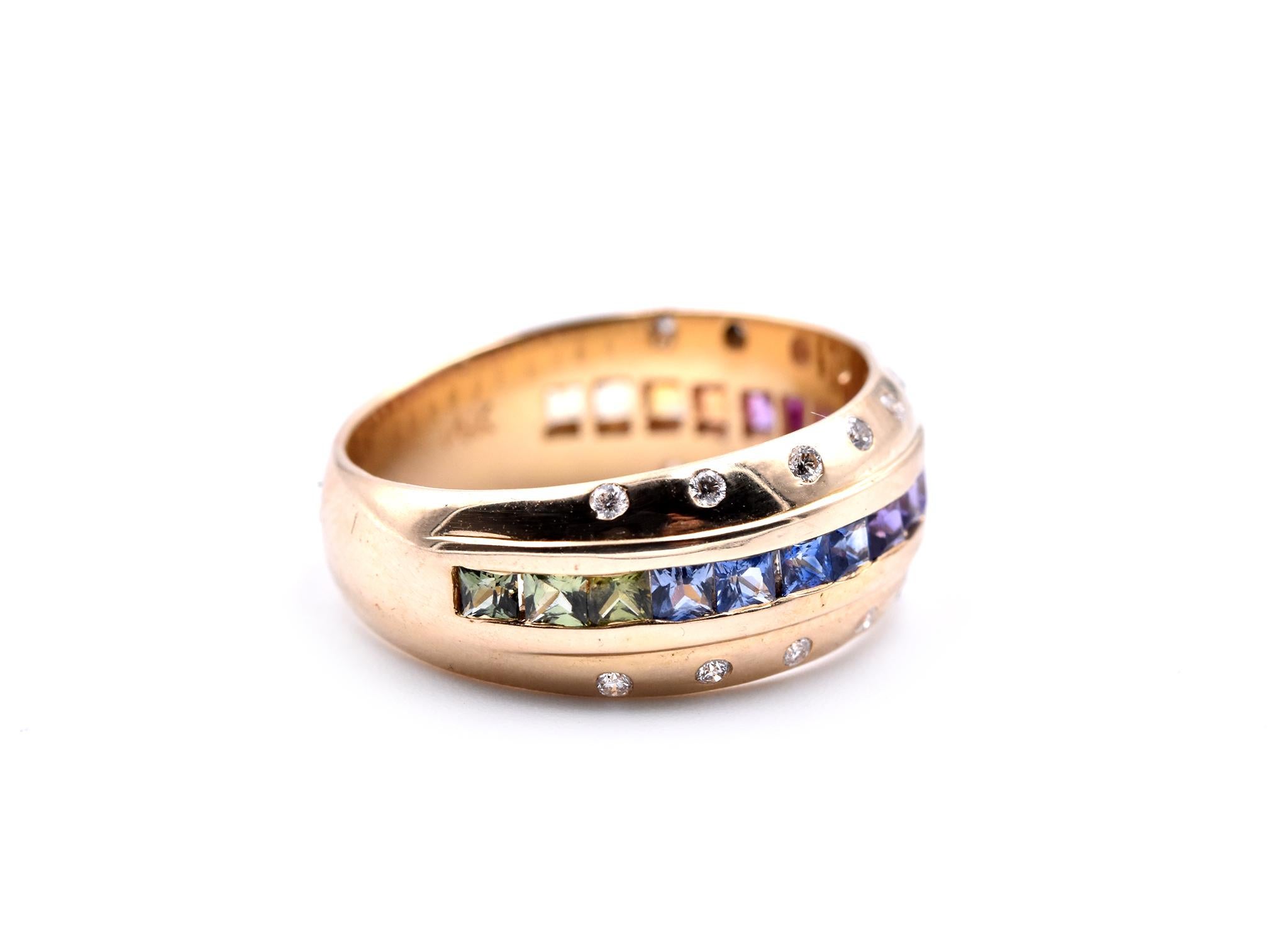 Designer: custom design
Material: 14k yellow gold
Sapphires: 19 sapphires =1.16cttw
Diamonds: 20 round brilliant cut = .26cttw
Color: G
Clarity: VS
Size: 7 ½ (please allow two additional shipping days for sizing requests)
Dimensions: ring is 8.10mm