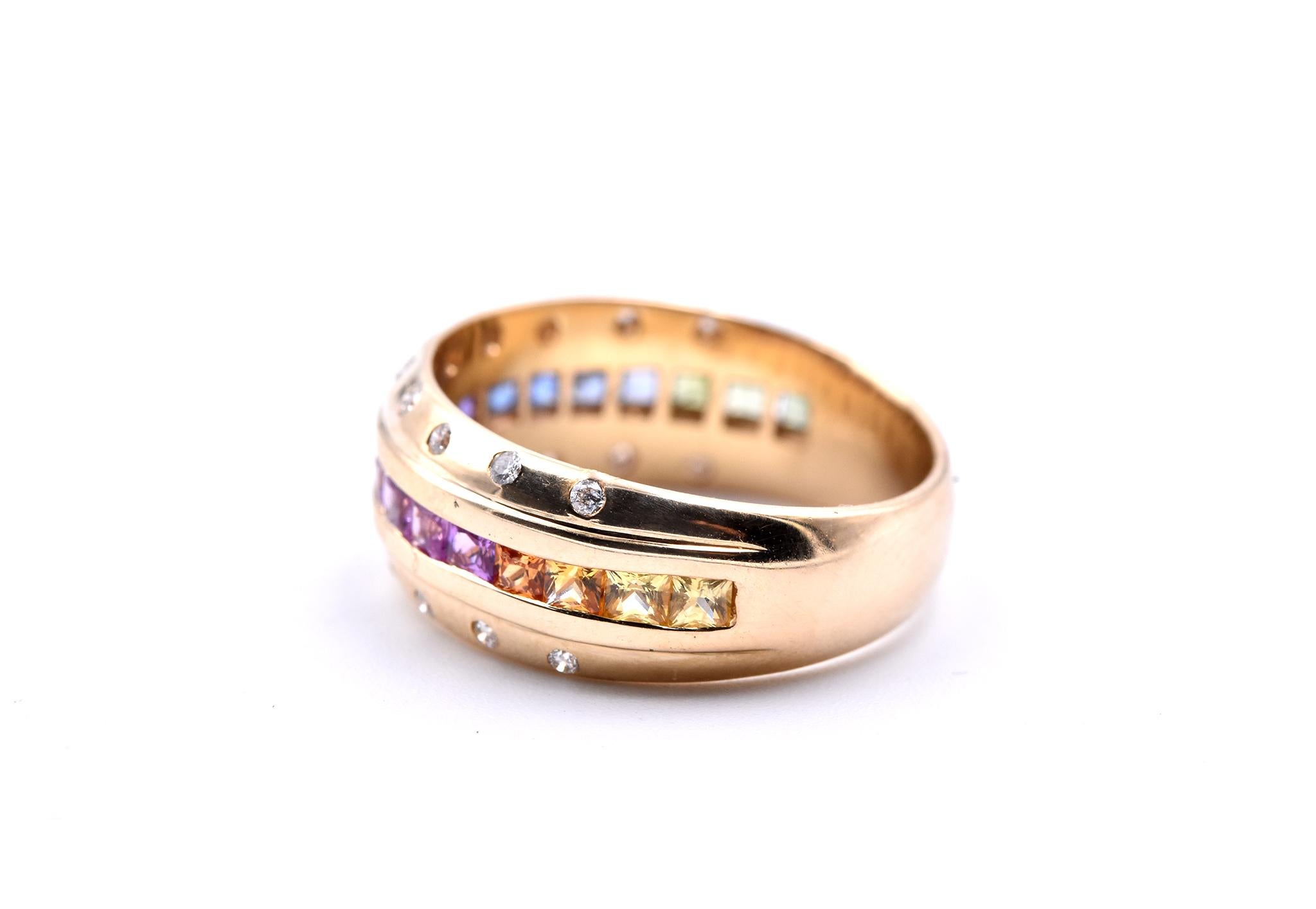 14 Karat Yellow Gold Rainbow Sapphire and Diamond Band In Excellent Condition In Scottsdale, AZ