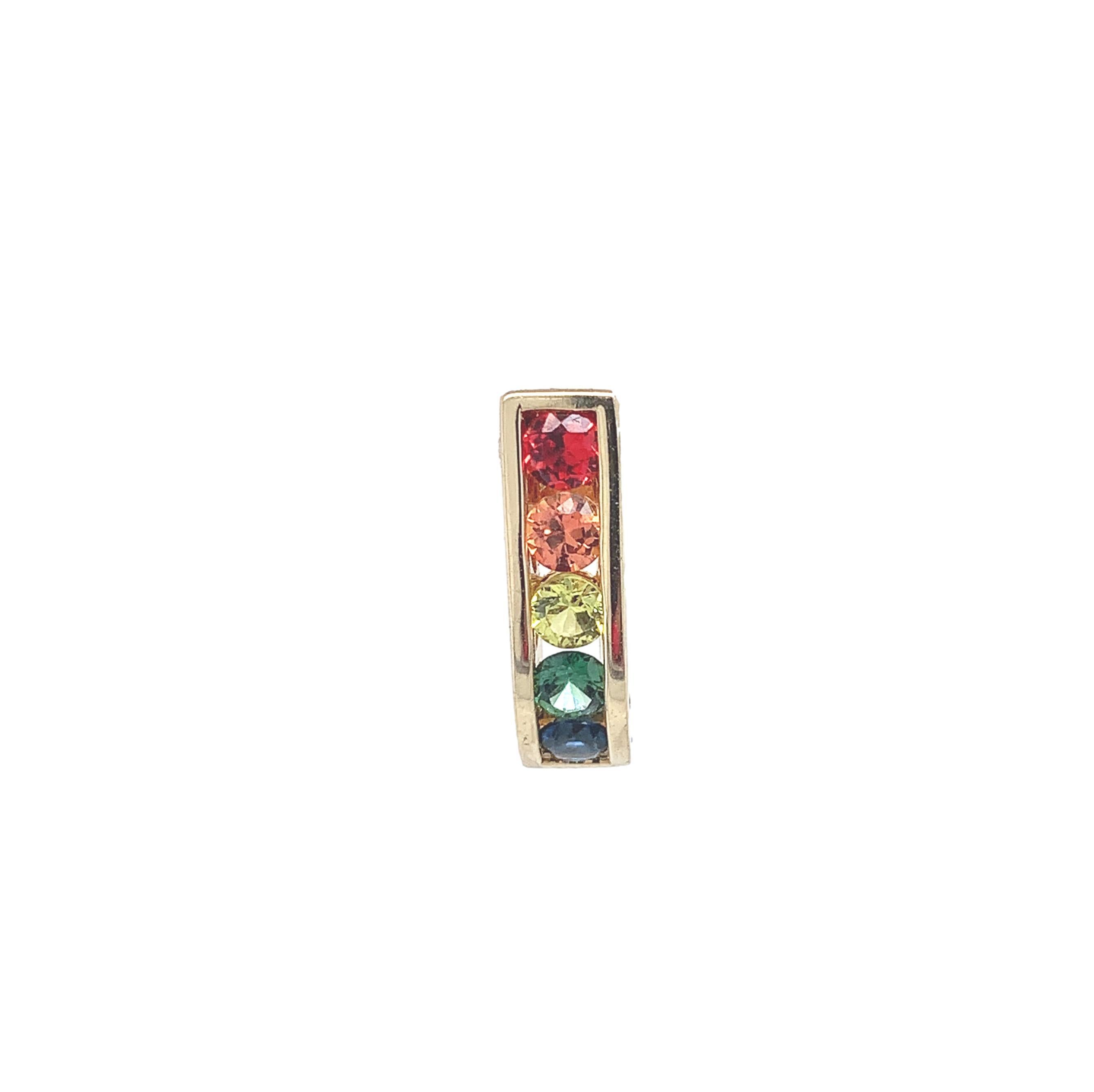 A pair of 14K yellow gold stud earrings, each with 5 round brilliant cut sapphires arranged into a rainbow. The sapphires have bold primary colors including blue, green, yellow, orange, and red/pink. The round sapphires weight 1.05 carats total and