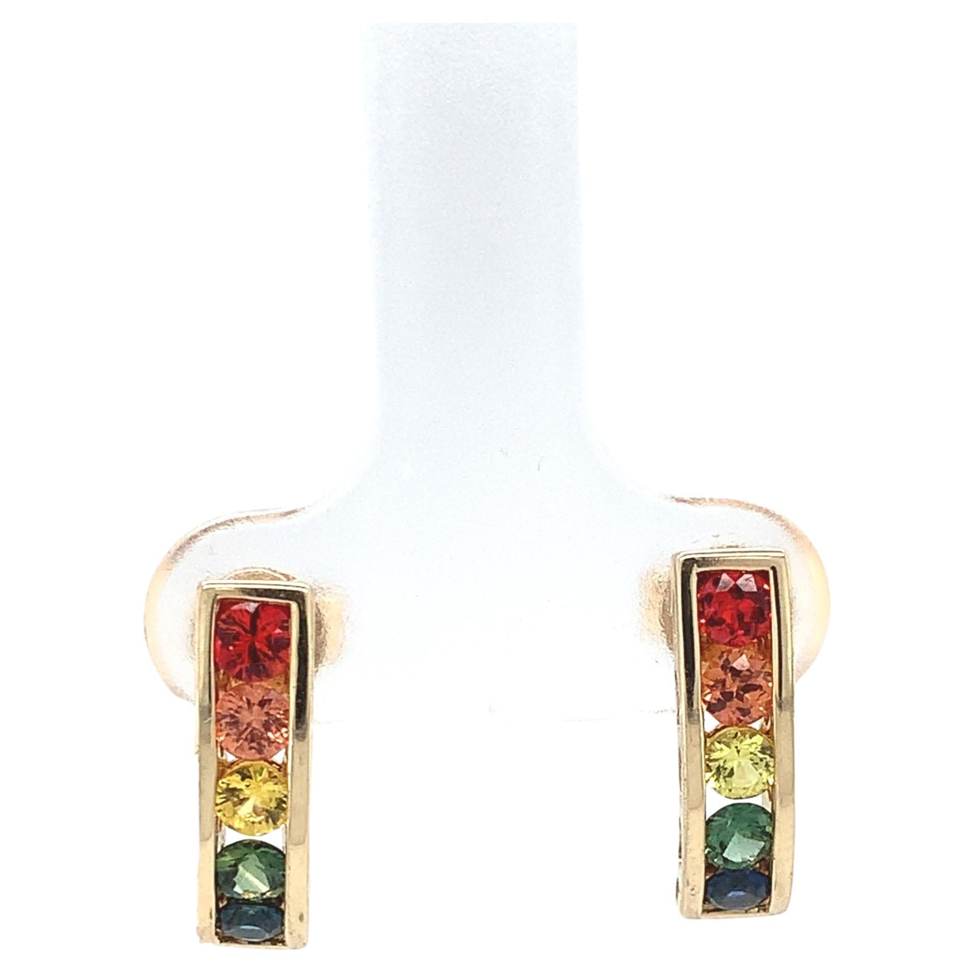 14K Yellow Gold Rainbow Sapphire Stud Earrings