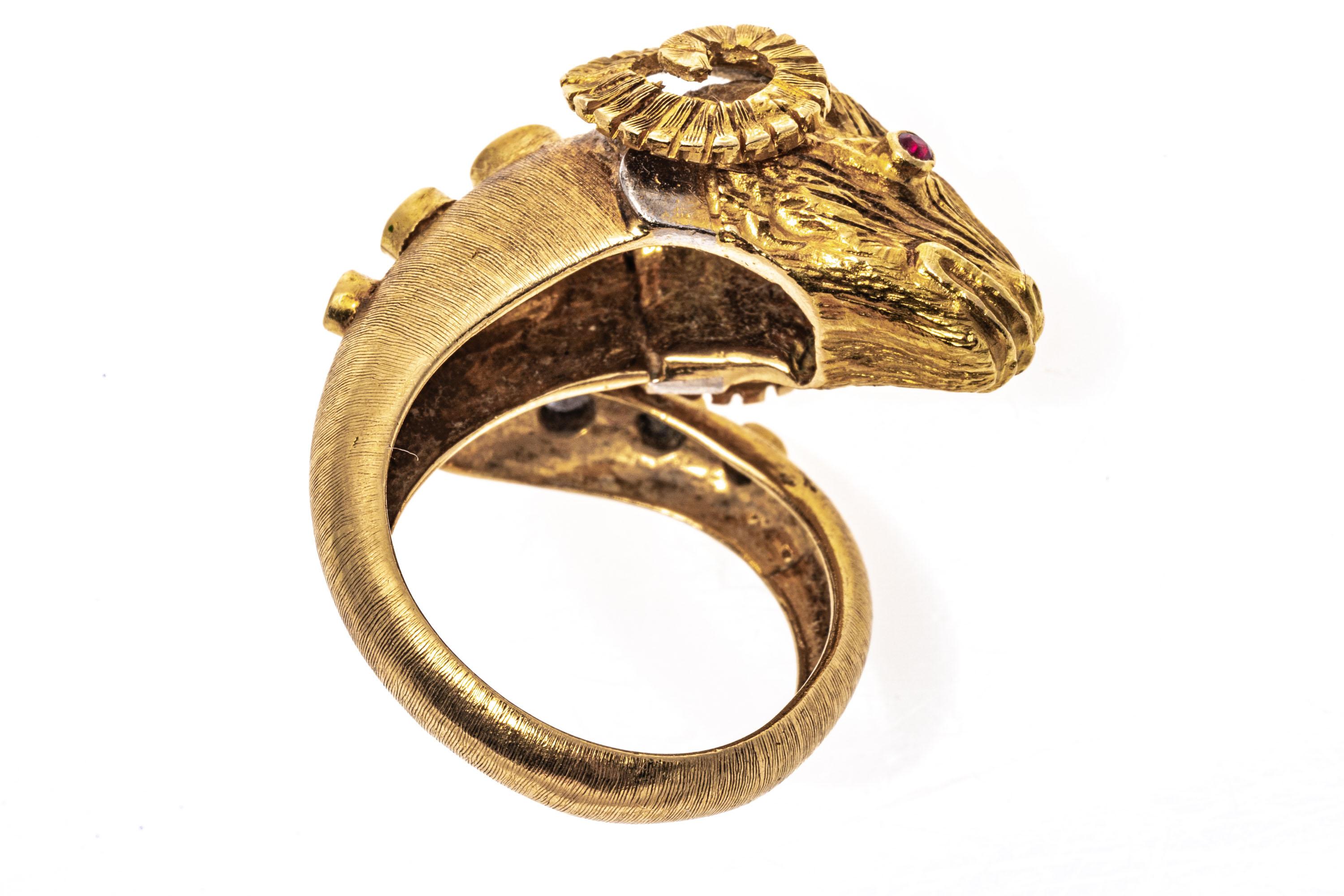 14k Yellow Gold Rams Head Ring With Sapphires, Rubies And Diamonds, Size 7-8 For Sale 3