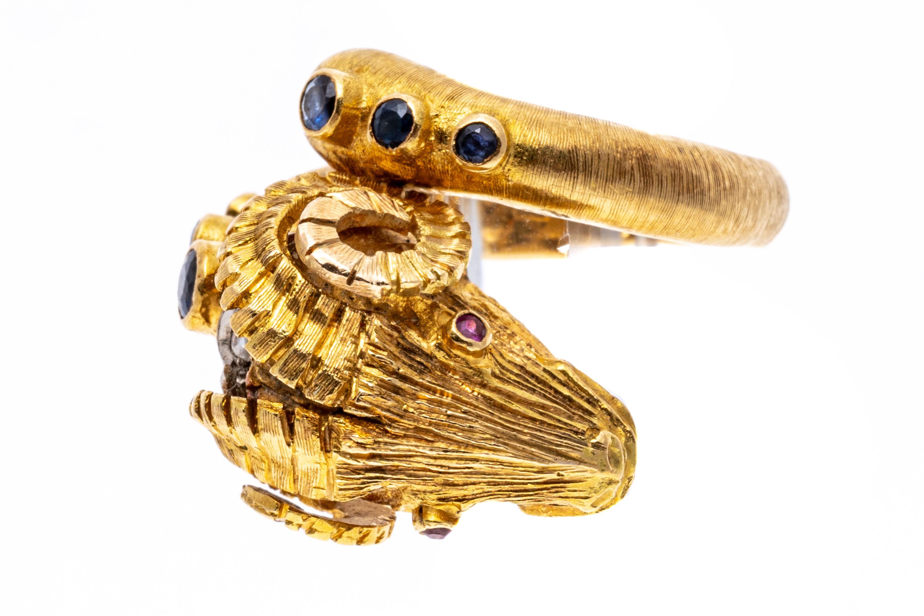 14k Yellow Gold Rams Head Ring With Sapphires, Rubies And Diamonds, Size 7-8 For Sale 4