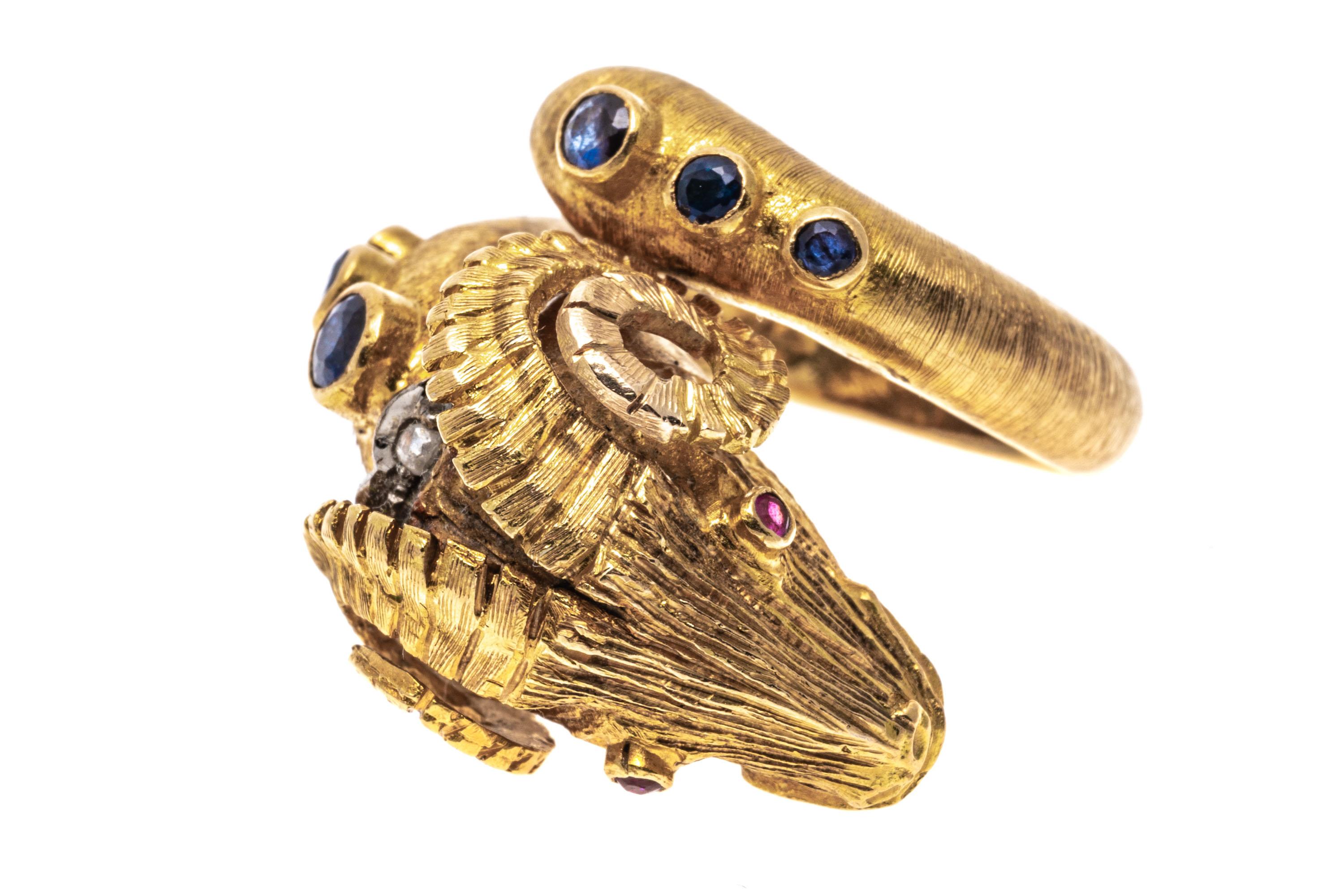 14k Yellow Gold Rams Head Ring With Sapphires, Rubies And Diamonds, Size 7-8 For Sale 6
