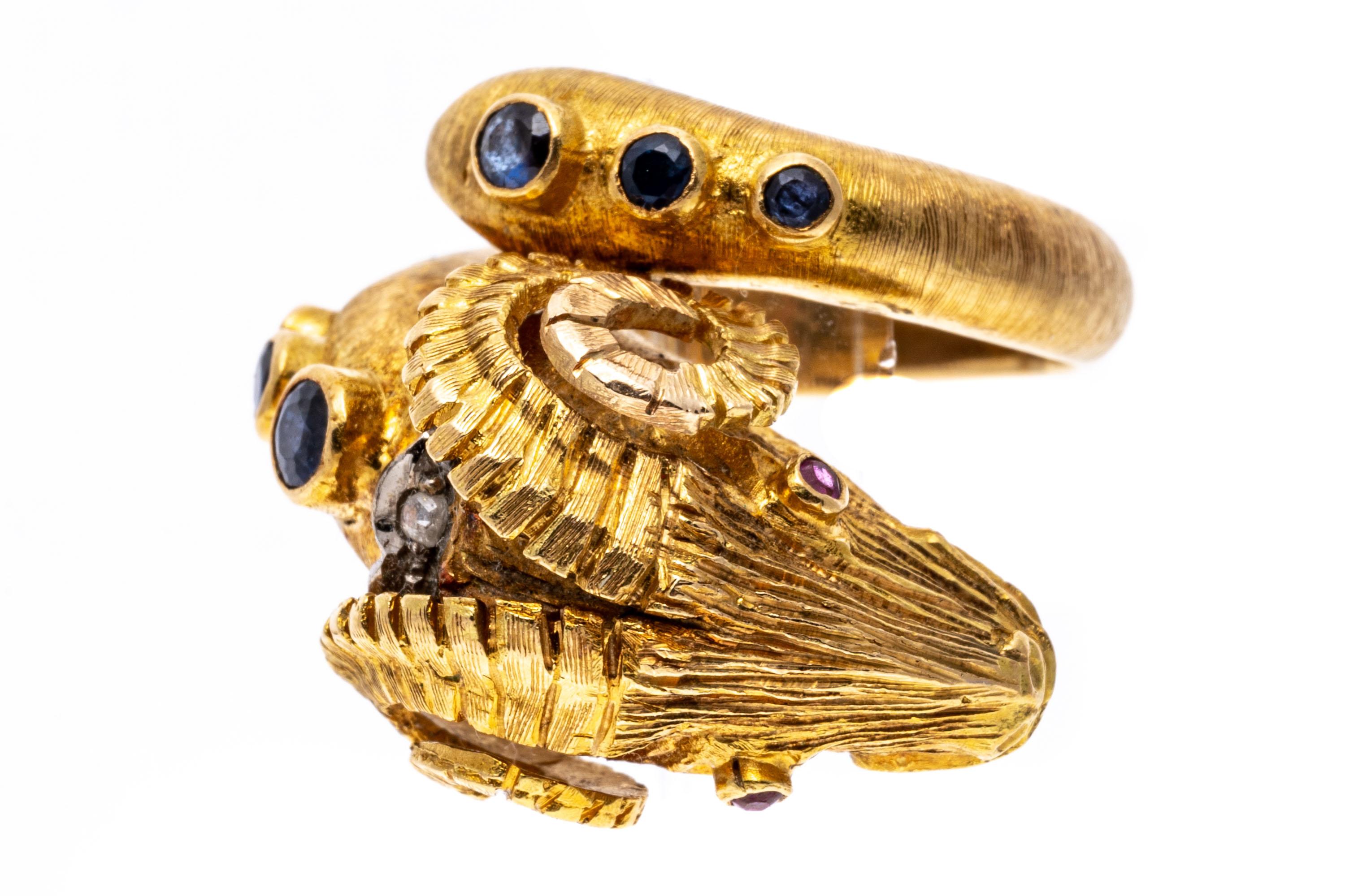 14k Yellow Gold Rams Head Ring With Sapphires, Rubies And Diamonds, Size 7-8 For Sale 9