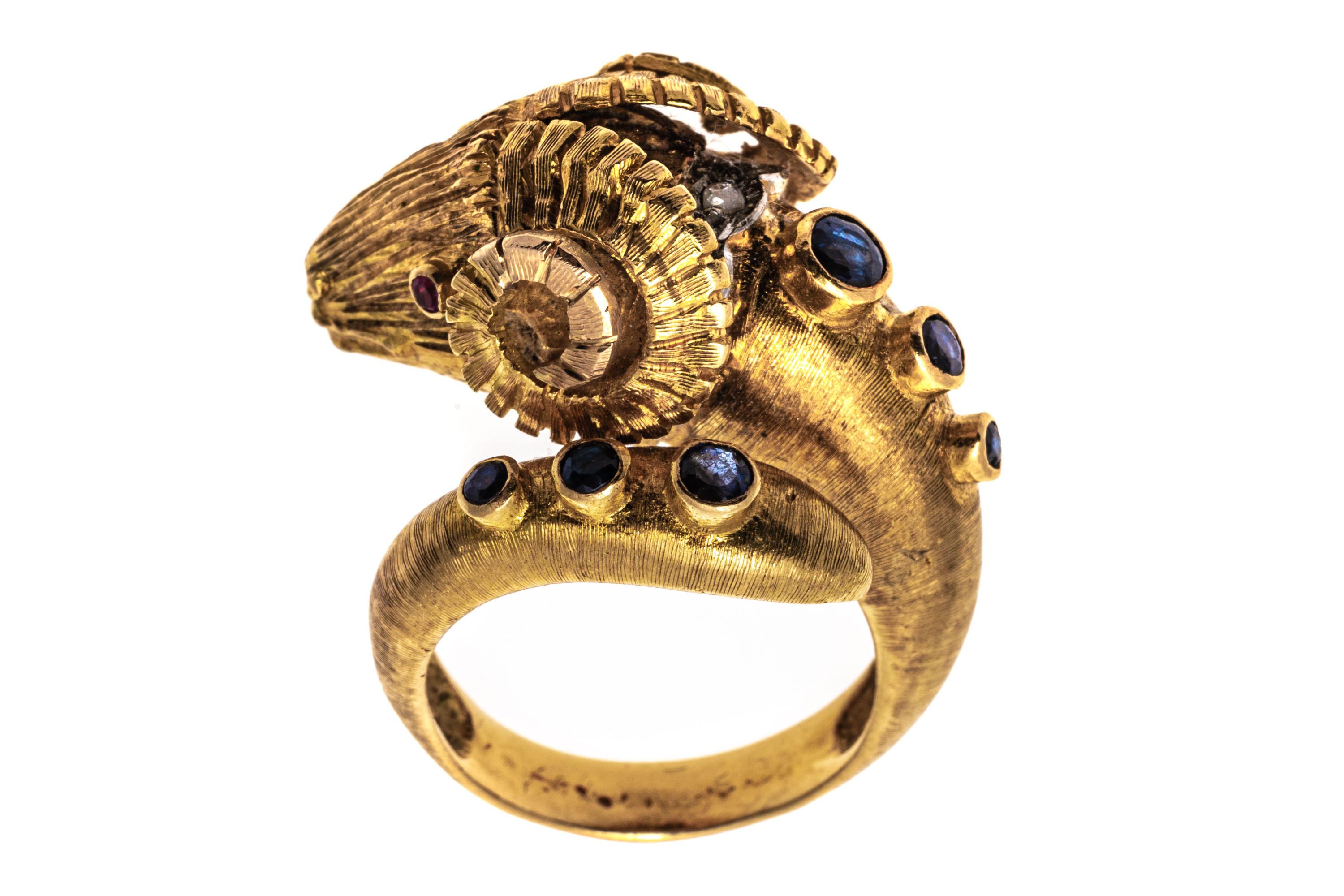 14k Yellow Gold Rams Head Ring With Sapphires, Rubies And Diamonds, Size 7-8 For Sale 11
