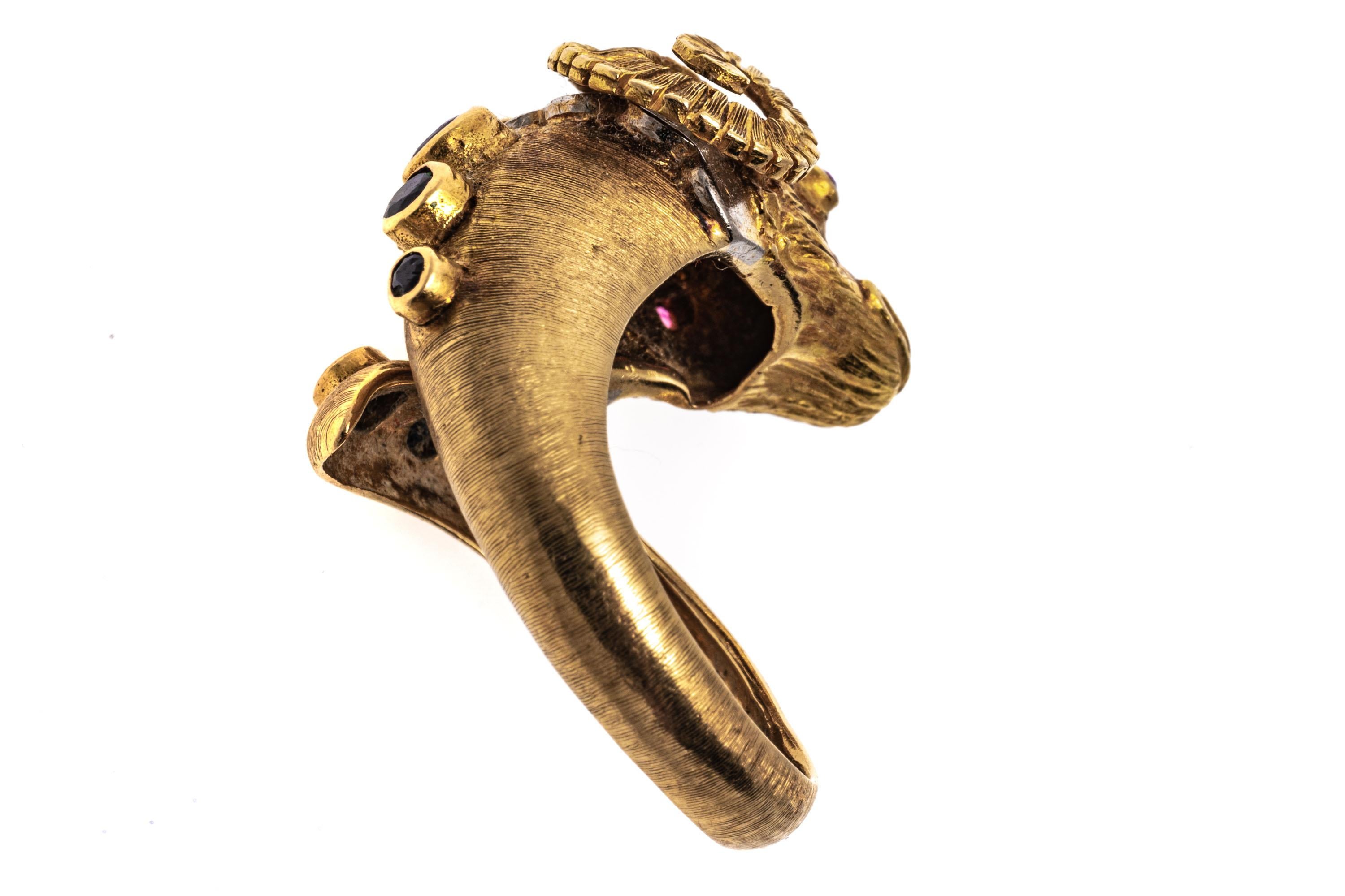 Modern 14k Yellow Gold Rams Head Ring With Sapphires, Rubies And Diamonds, Size 7-8 For Sale