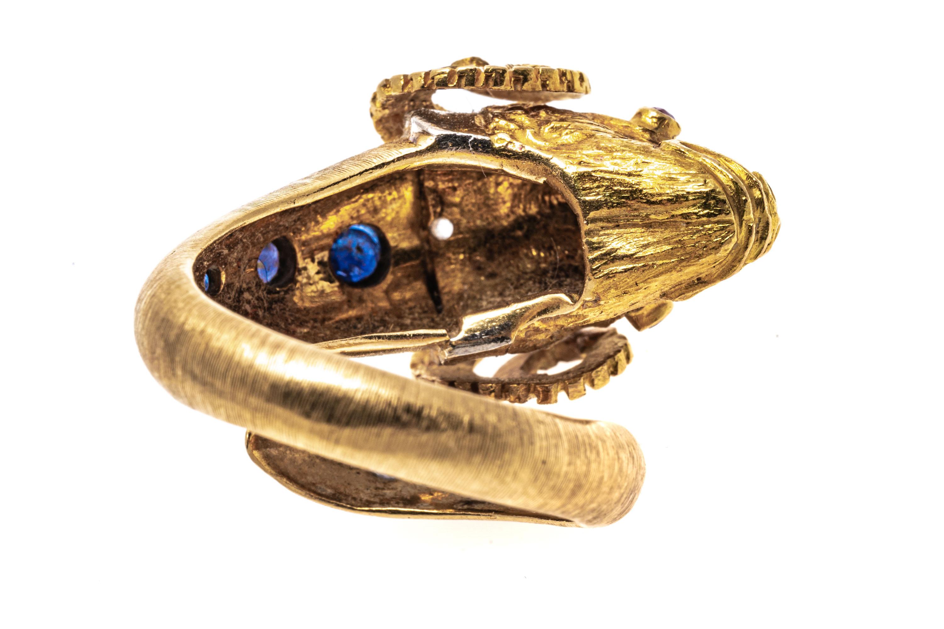 14k Yellow Gold Rams Head Ring With Sapphires, Rubies And Diamonds, Size 7-8 In Good Condition For Sale In Southport, CT