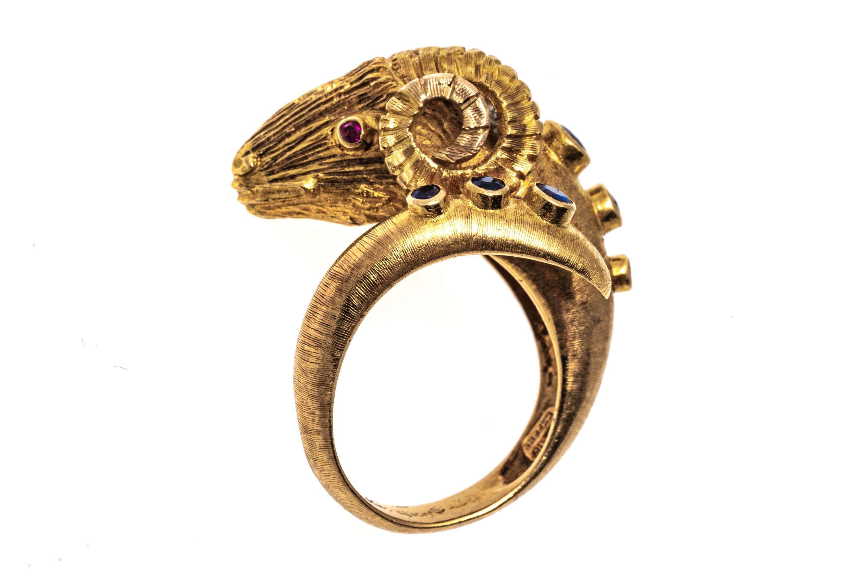 14k Yellow Gold Rams Head Ring With Sapphires, Rubies And Diamonds, Size 7-8 For Sale 2