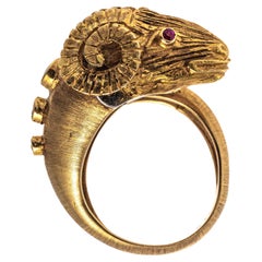 14k Gelbgold Widderkopf-Ring mit Saphiren, Rubinen und Diamanten, Größe 7-8
