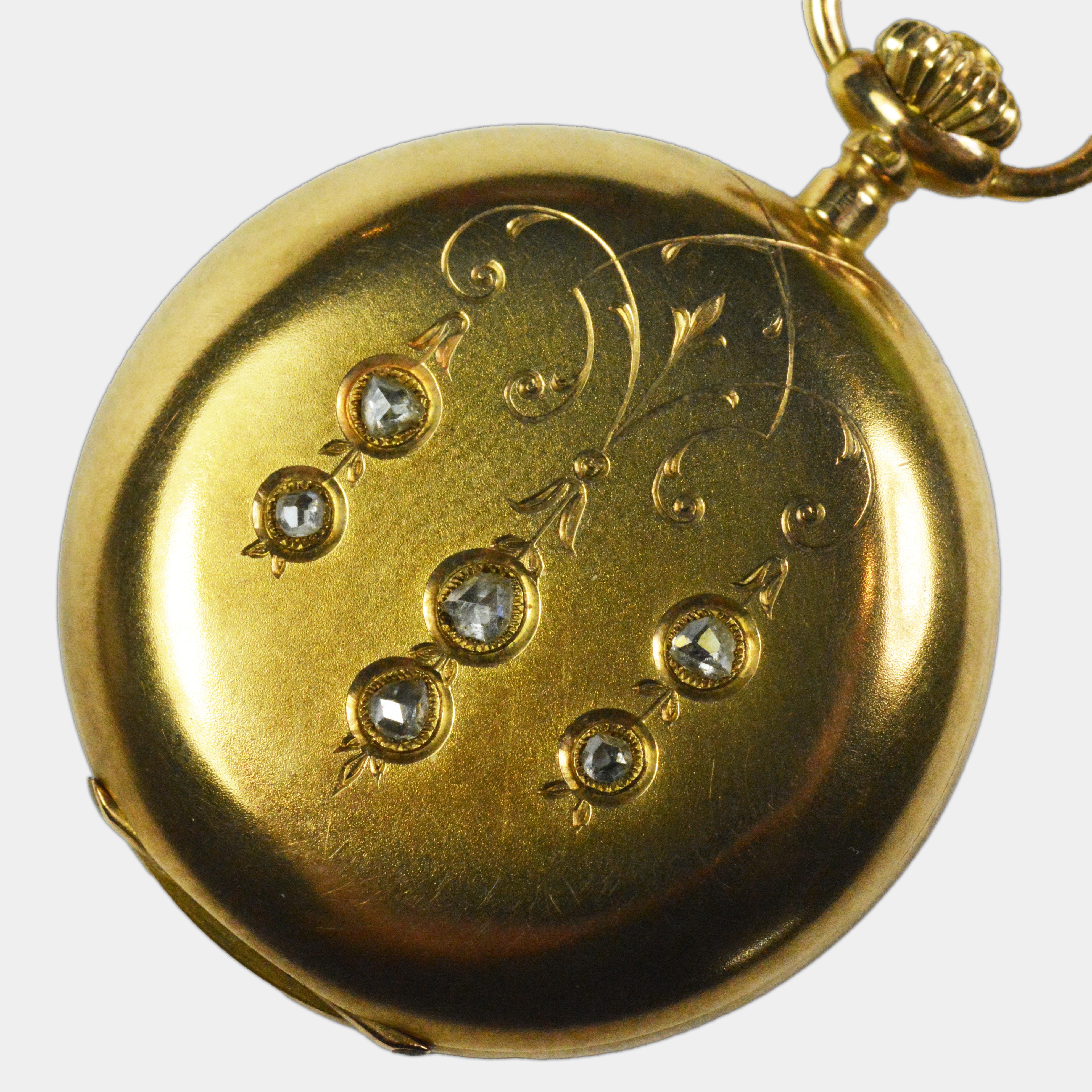 Antique 14k Yellow Gold Pocket Watch Locle 6 Diamonds Russian
23.7 gross weight
SM pocketwatch
6 hand-cut diamonds
30mm Diameter without measuring crown
Works great! Winds and runs like a champ!