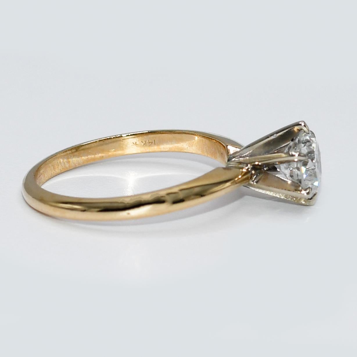 Brilliant Cut 14K Yellow Gold RBC Diamond Solitaire Ring G-H, i1 0.97TDW, 2.8gr For Sale