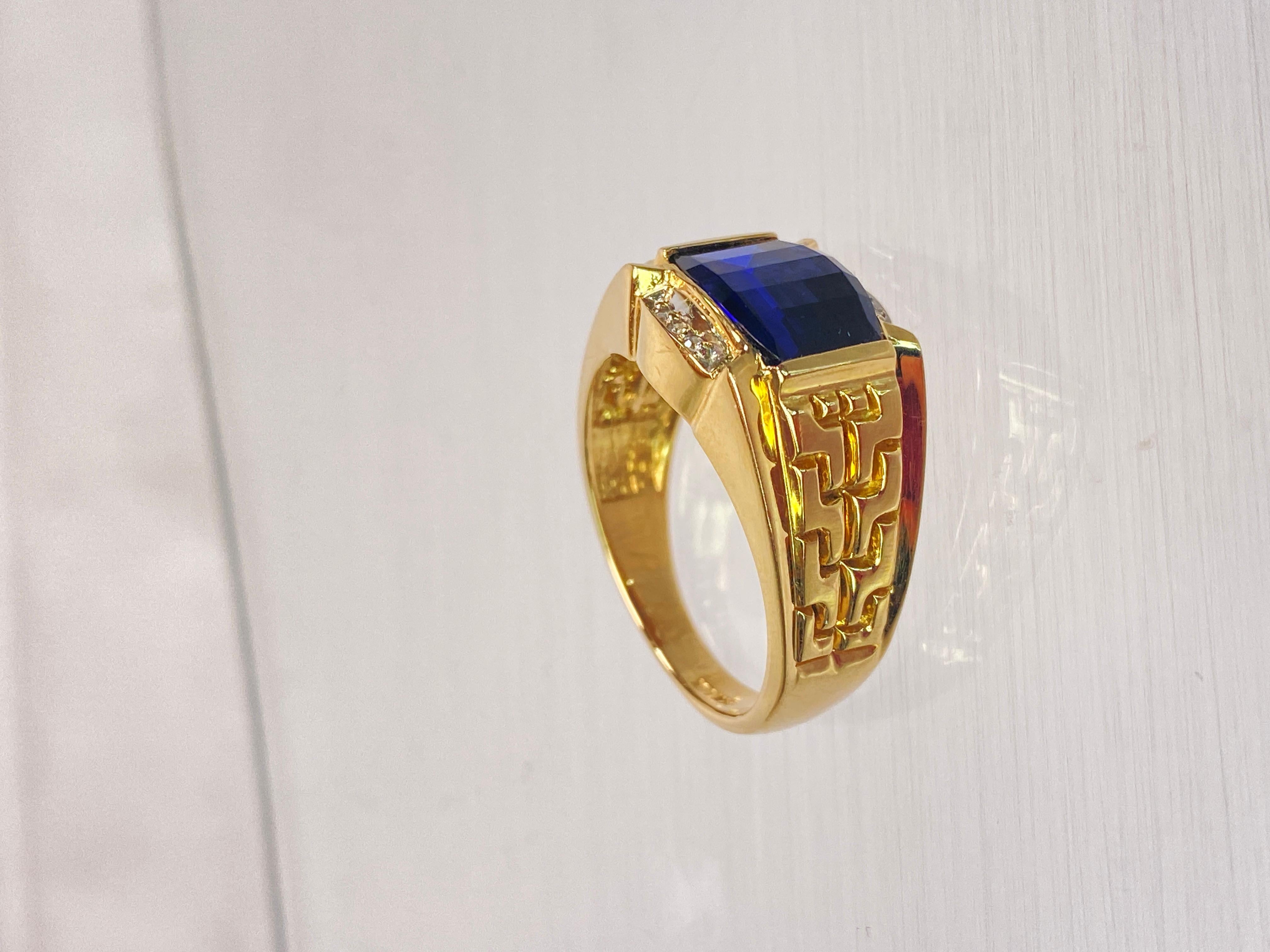 Square Cut 14K Yellow Gold Rectangle Cut East West London Blue Topaz & Diamond Men's Ring For Sale