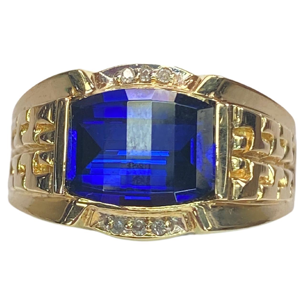 14K Yellow Gold Rectangle Cut East West London Blue Topaz & Diamond Men's Ring For Sale