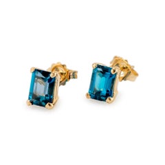 14K Yellow Gold Rectangular Blue Topaz Stud Earrings