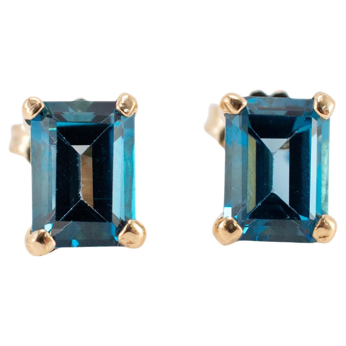 14K Yellow Gold Rectangular Blue Topaz Stud Earrings