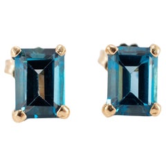 14K Yellow Gold Rectangular Blue Topaz Stud Earrings