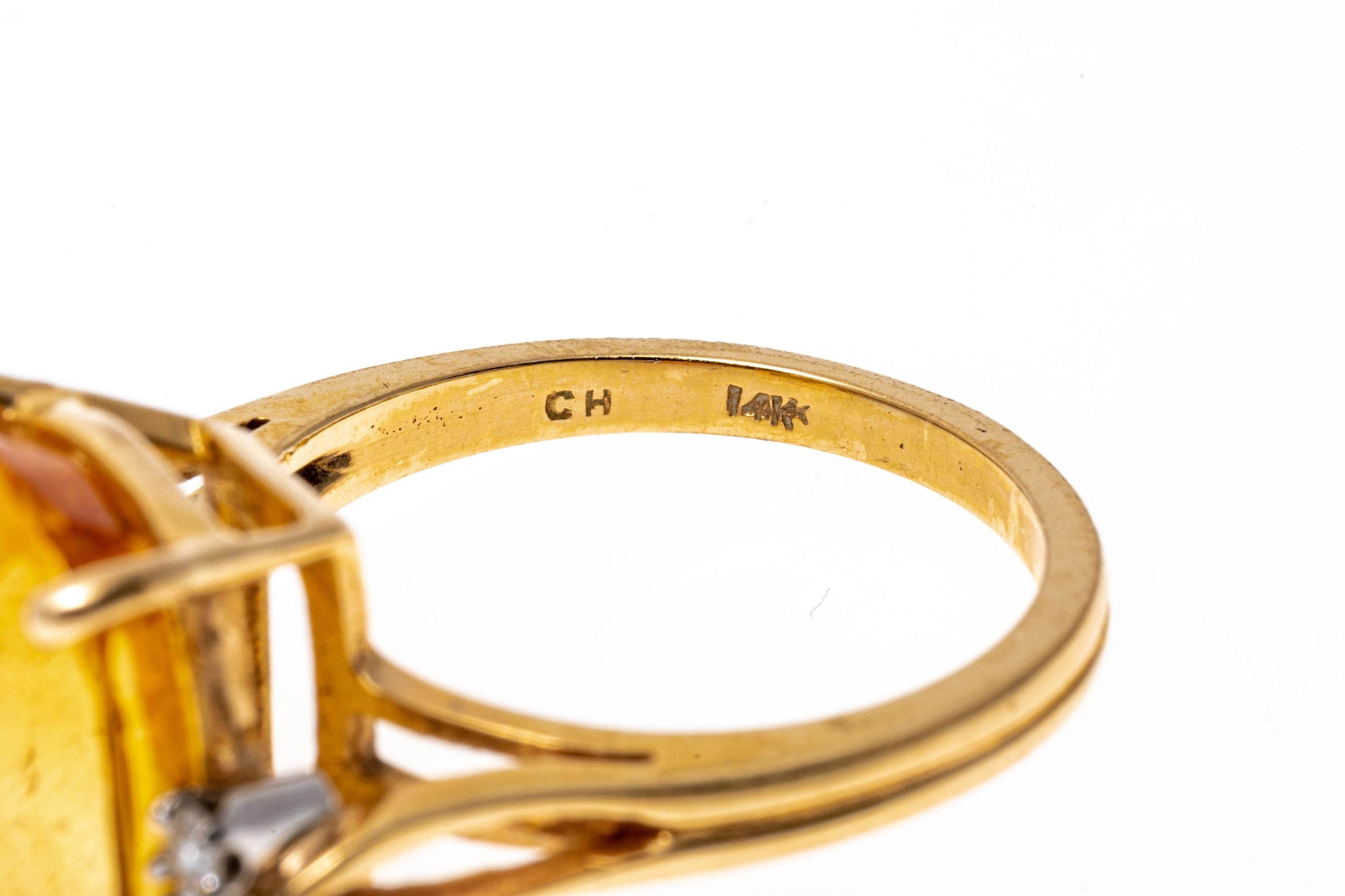 Retro 14k Yellow Gold Rectangular Cushion Citrine and Diamond Ring For Sale