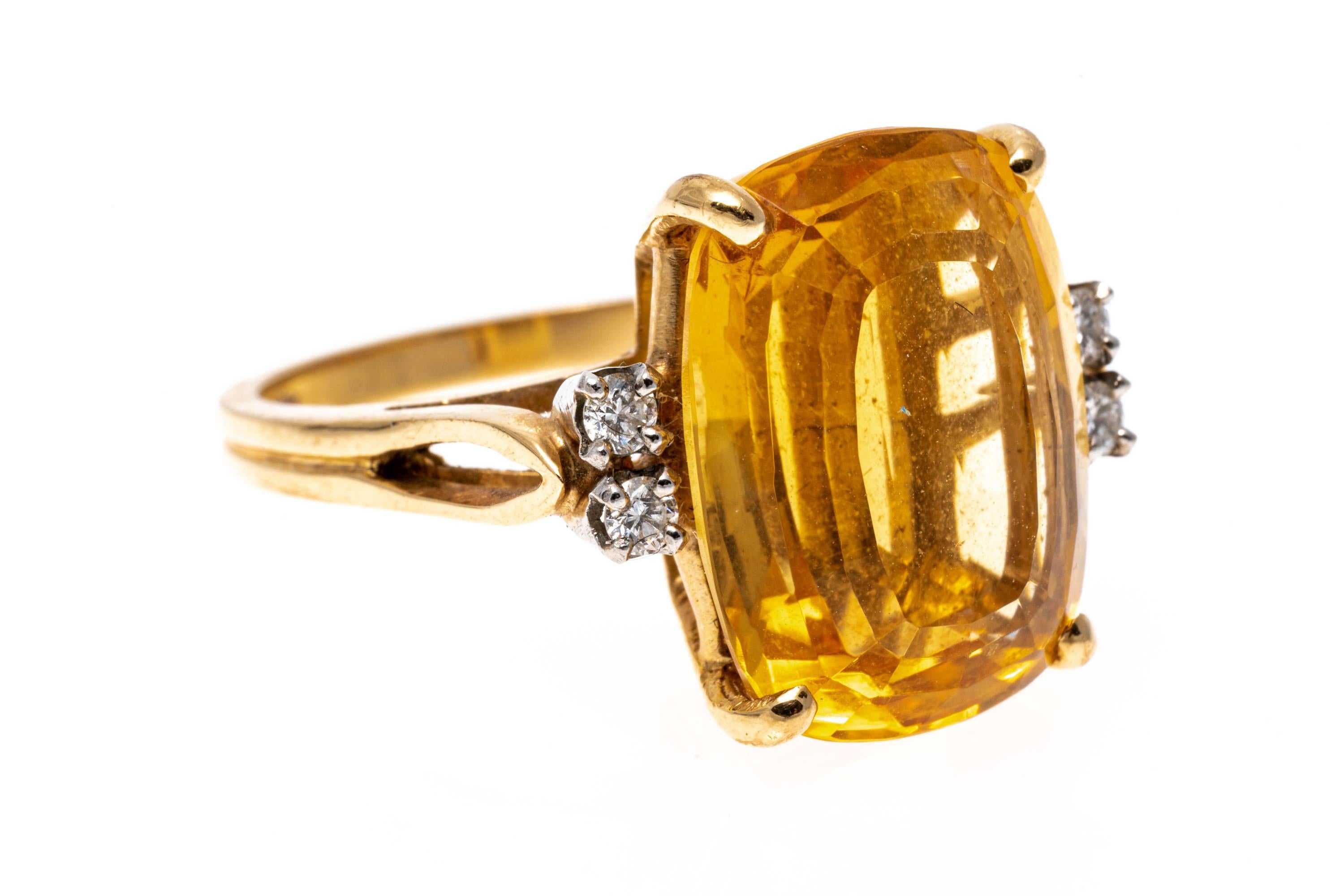 Women's 14k Yellow Gold Rectangular Cushion Citrine and Diamond Ring For Sale