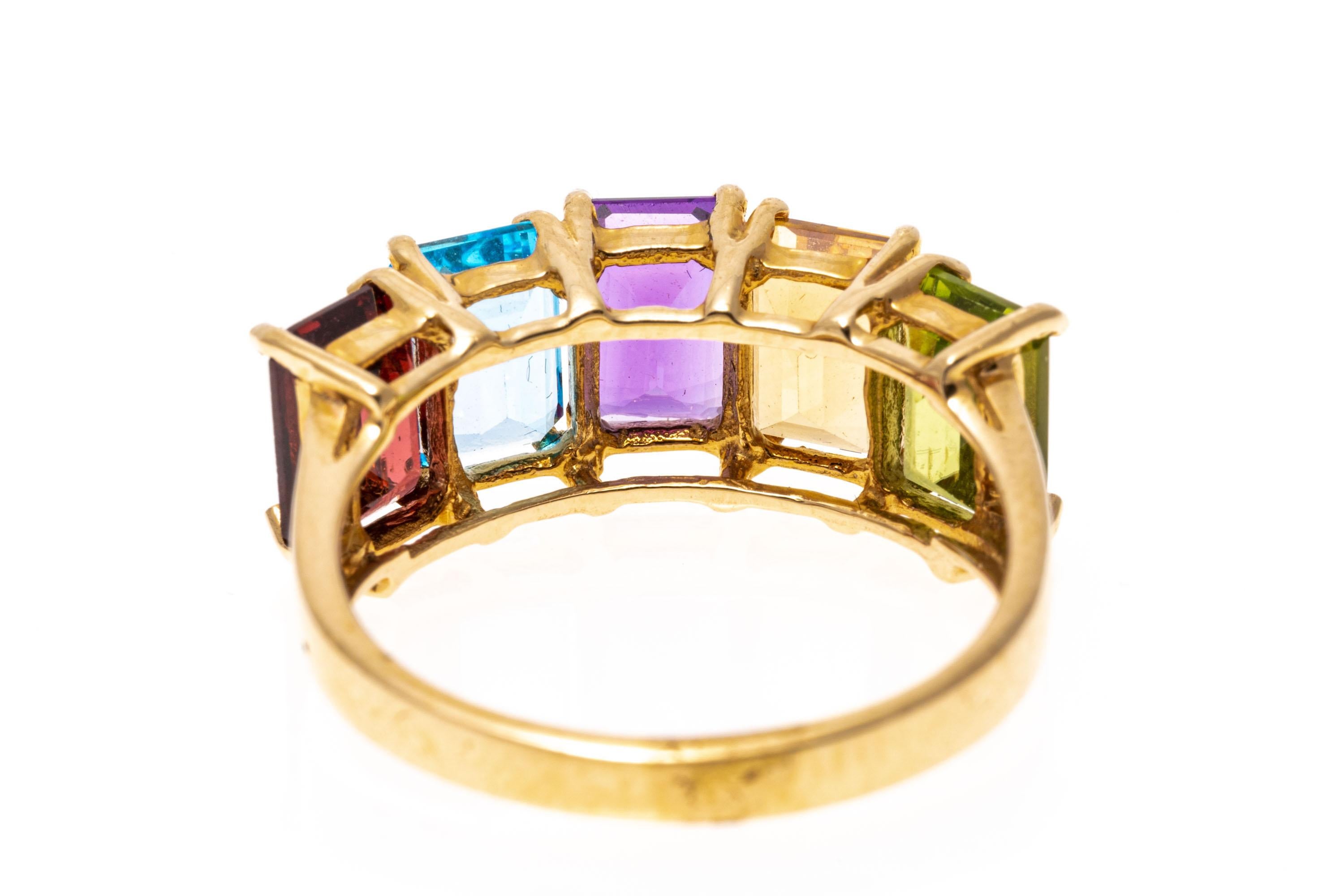 Emerald Cut 14k Yellow Gold Rectangular Multi Gemstone Rainbow Ring For Sale