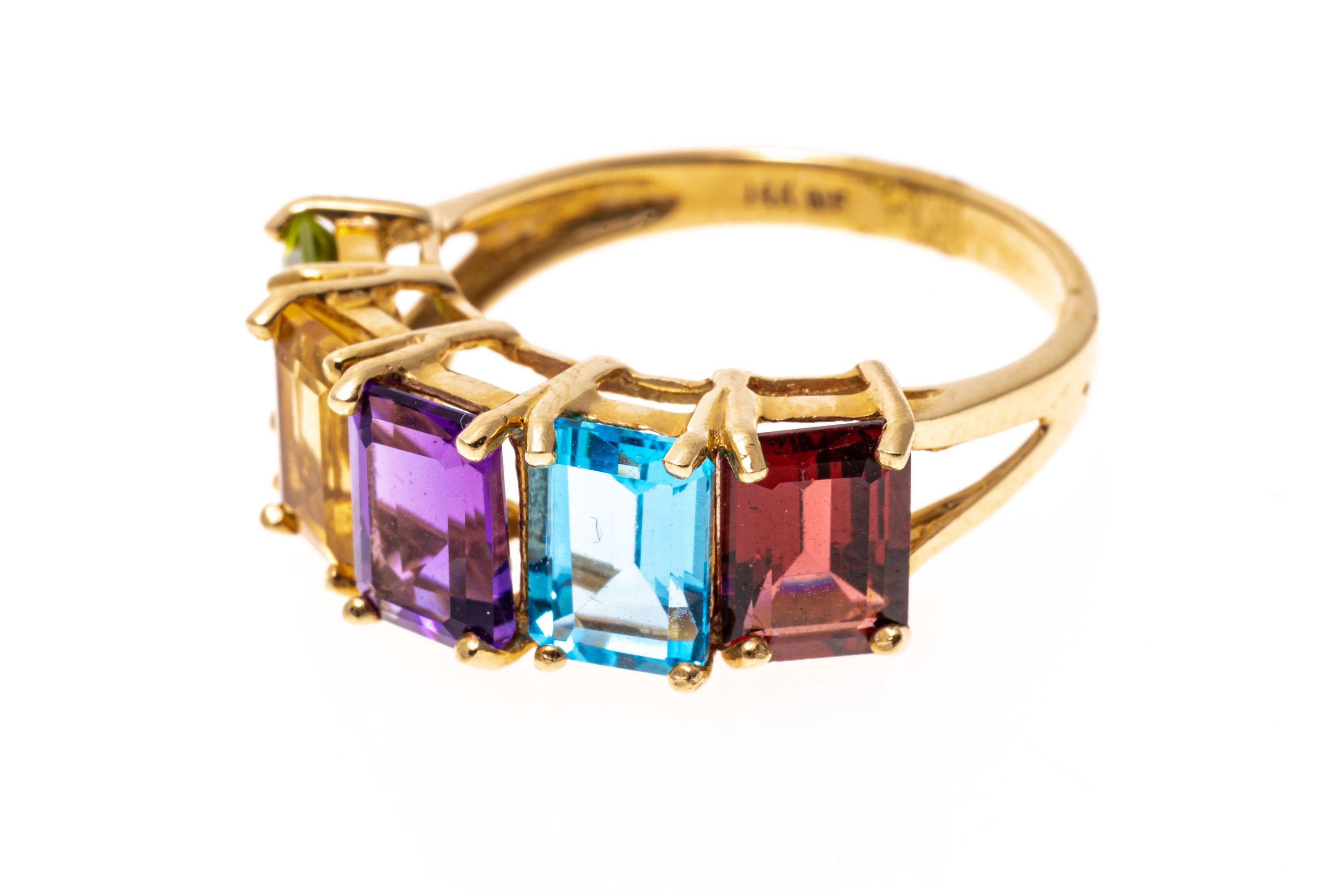 14k Yellow Gold Rectangular Multi Gemstone Rainbow Ring For Sale 2