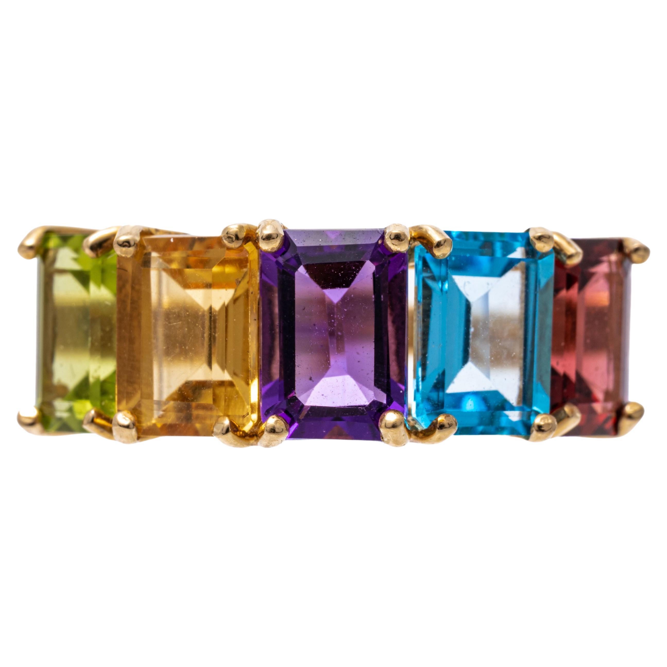 14k Gelbgold Rechteckiger Regenbogen-Ring mit mehreren Edelsteinen