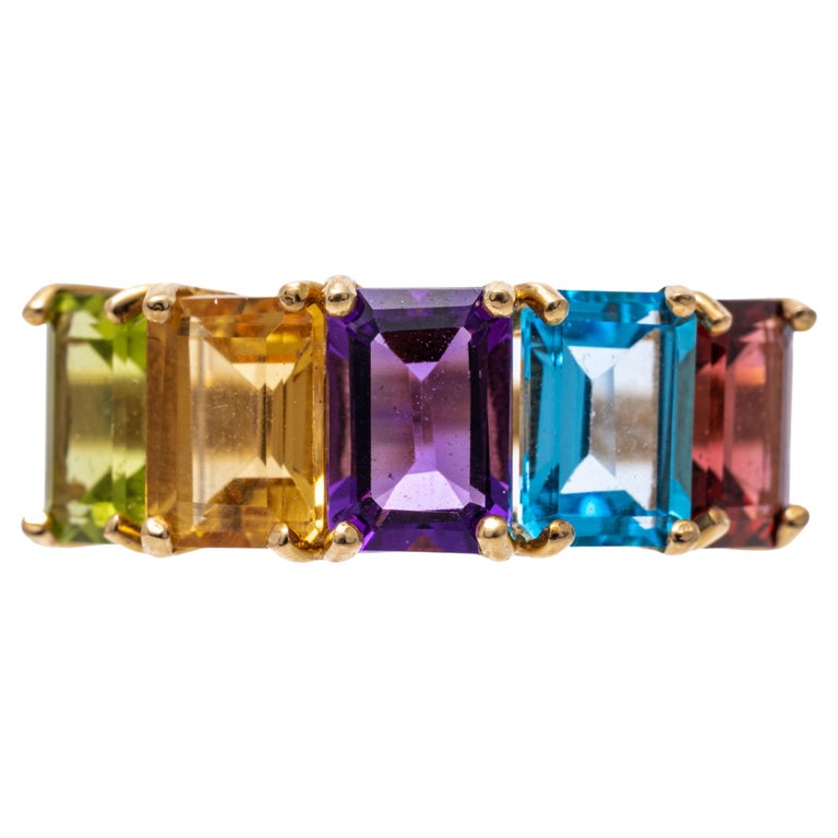 14k Yellow Gold Rectangular Multi Gemstone Rainbow Ring For Sale