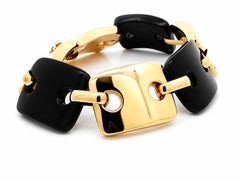14k Yellow Gold Rectangular Puffed Links Alternating Black Hardstone Bracelet