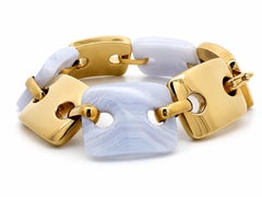 14k Yellow Gold Rectangular Puffed Links Alternating Lavender Hardstone Bracelet