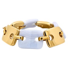 14k Yellow Gold Rectangular Puffed Links Alternating Lavender Hardstone Bracelet