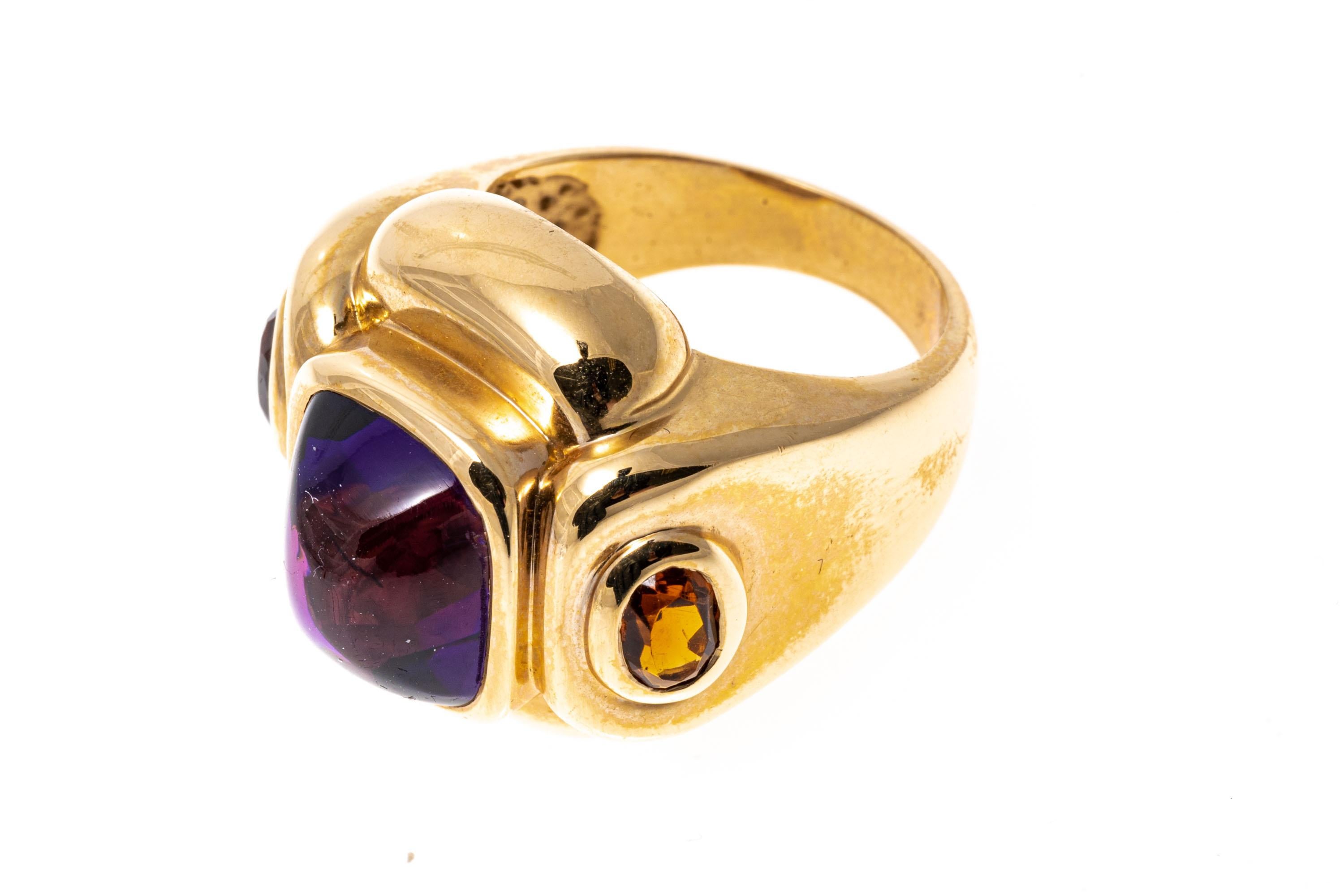 Cabochon 14k Yellow Gold Rectangular Sugarloaf Amethyst and Citrine Modern Ring For Sale