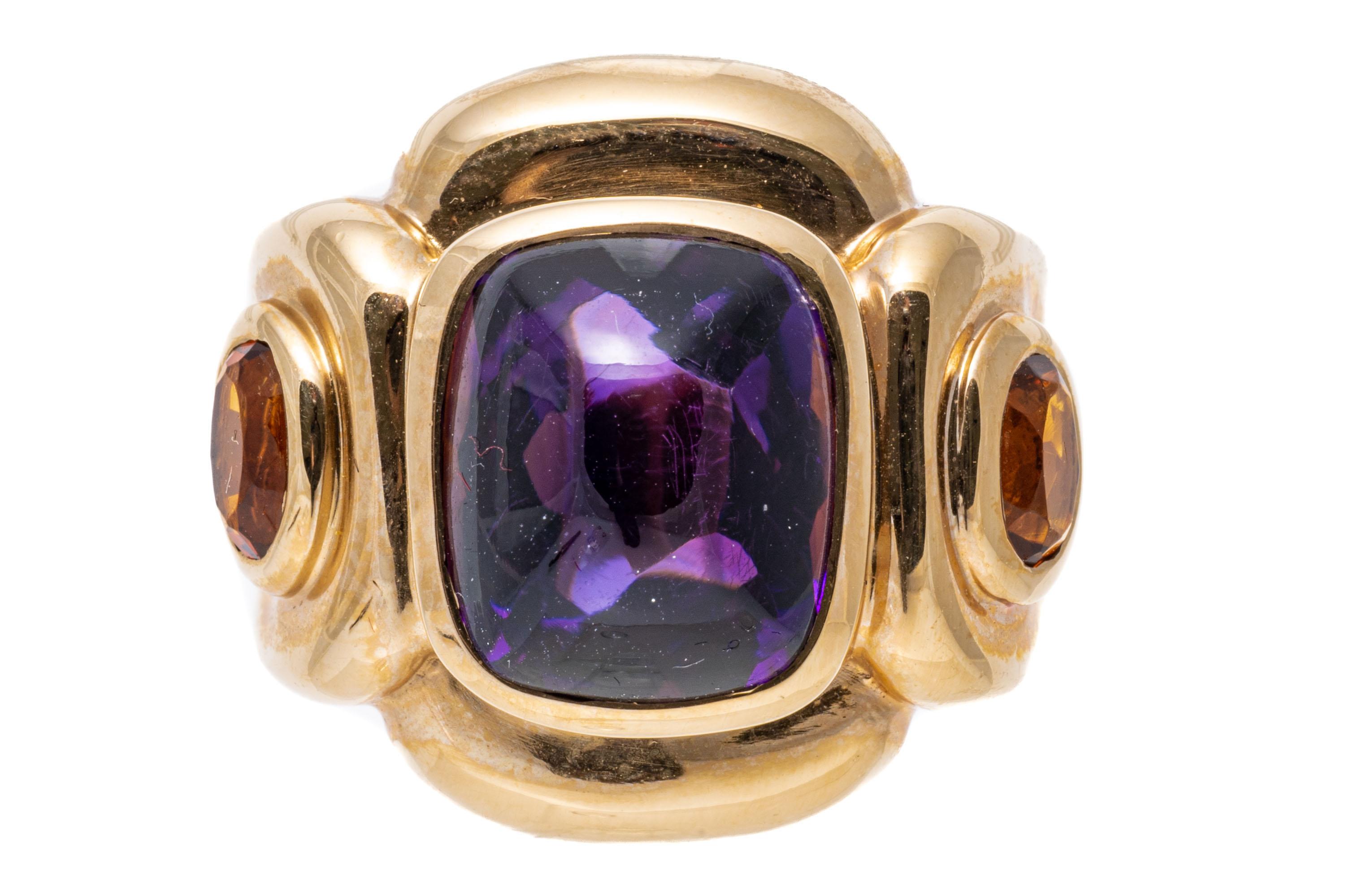 Women's 14k Yellow Gold Rectangular Sugarloaf Amethyst and Citrine Modern Ring For Sale