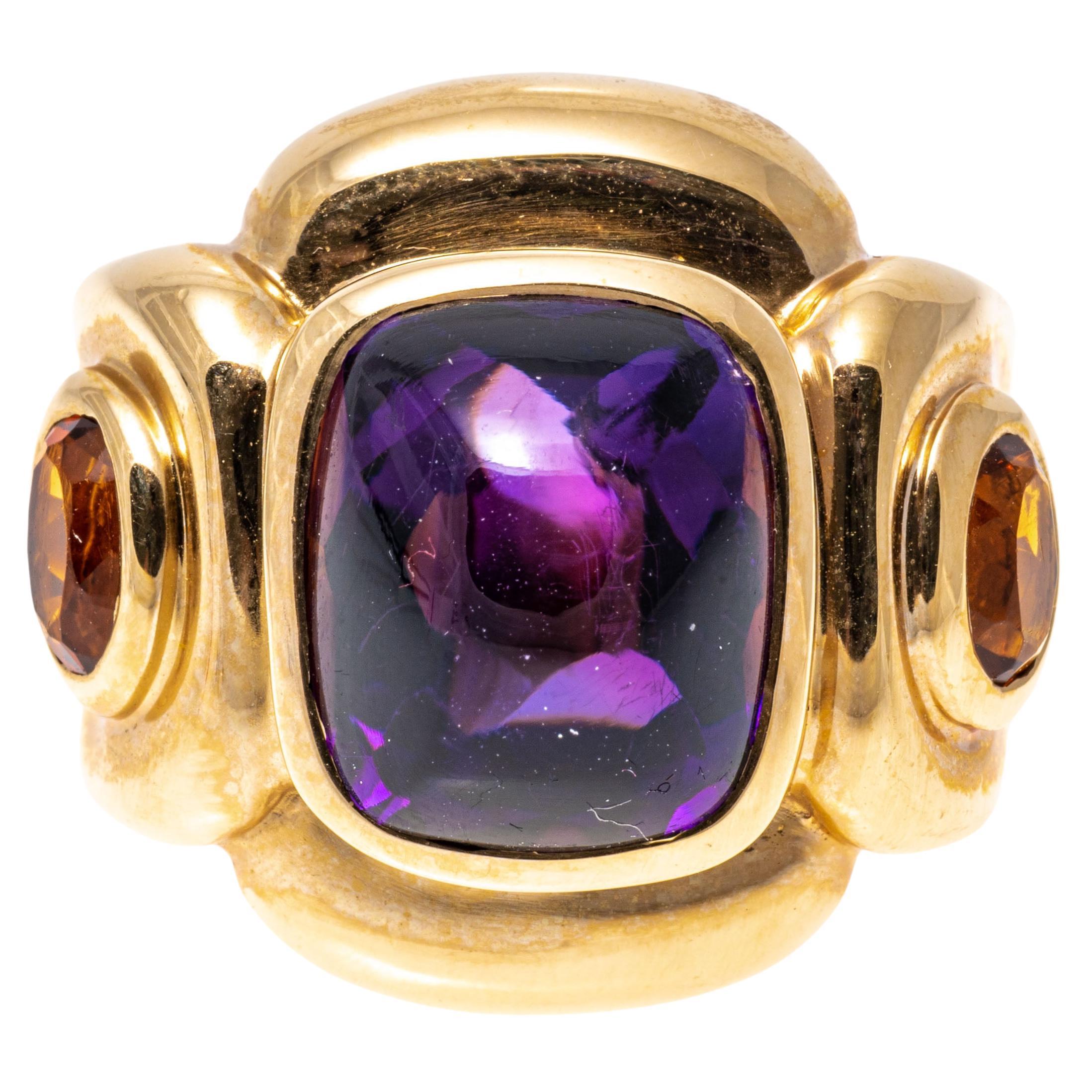 14k Yellow Gold Rectangular Sugarloaf Amethyst and Citrine Modern Ring For Sale