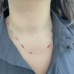 14k Yellow Gold & Red Coral Inlay Station Bar Necklace Made in Italy