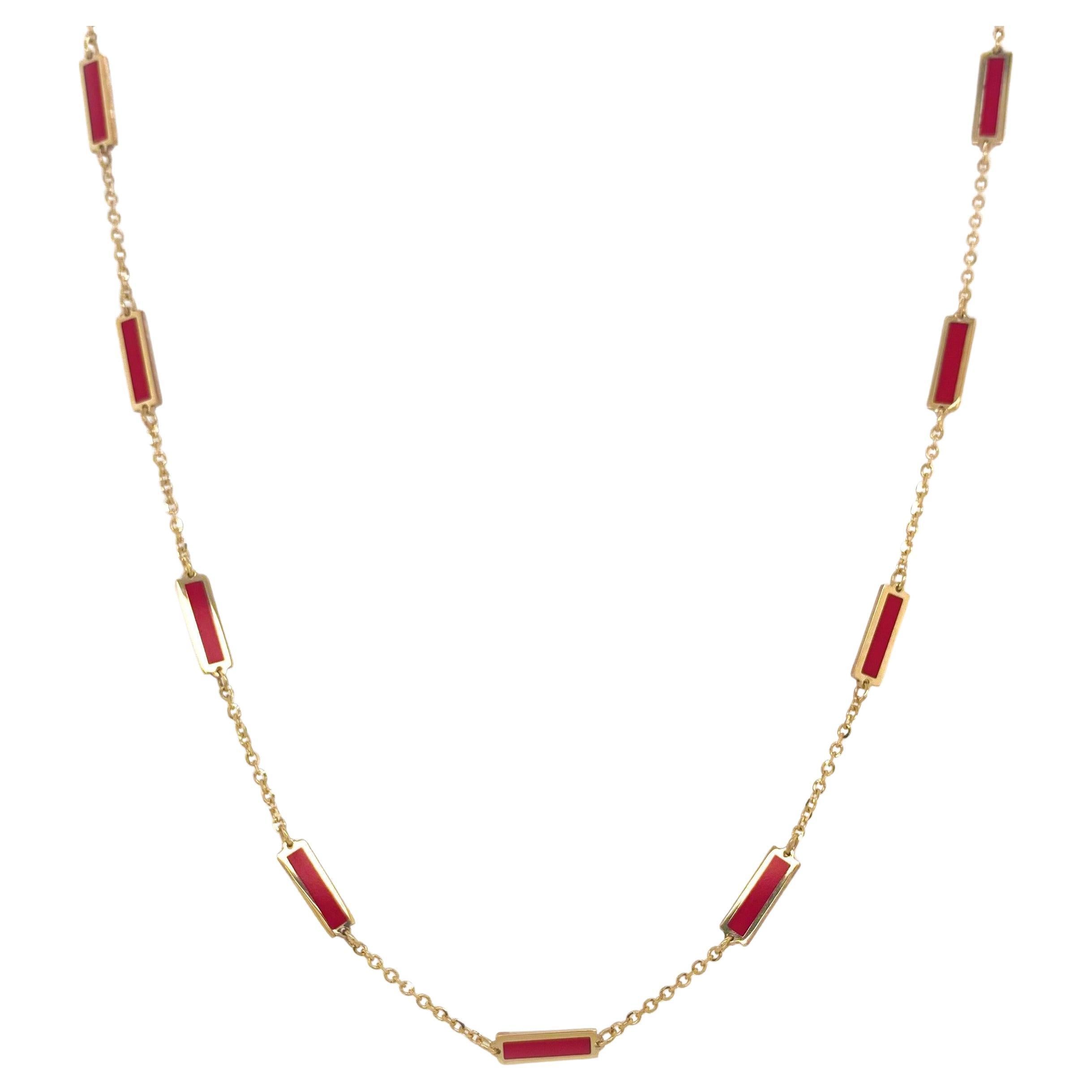 14k Yellow Gold & Red Coral Inlay Station Bar Necklace Made in Italy