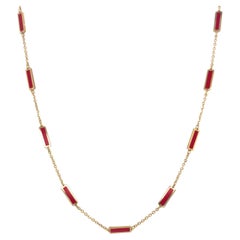 Collier à barre station en or jaune 14 carats et corail rouge incrusté, fabriqué en Italie