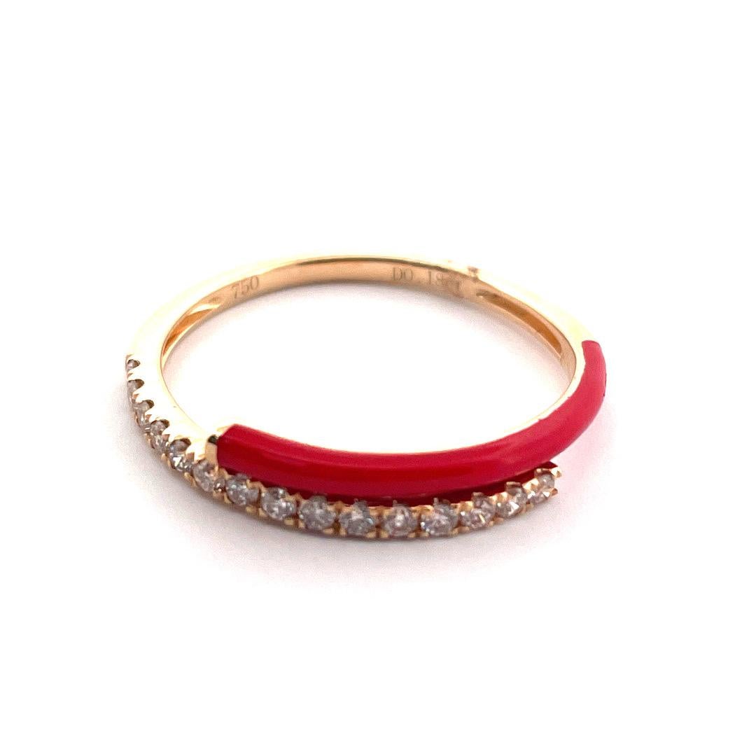 Round Cut 14K Yellow Gold Red Enamel Diamond Ring For Sale