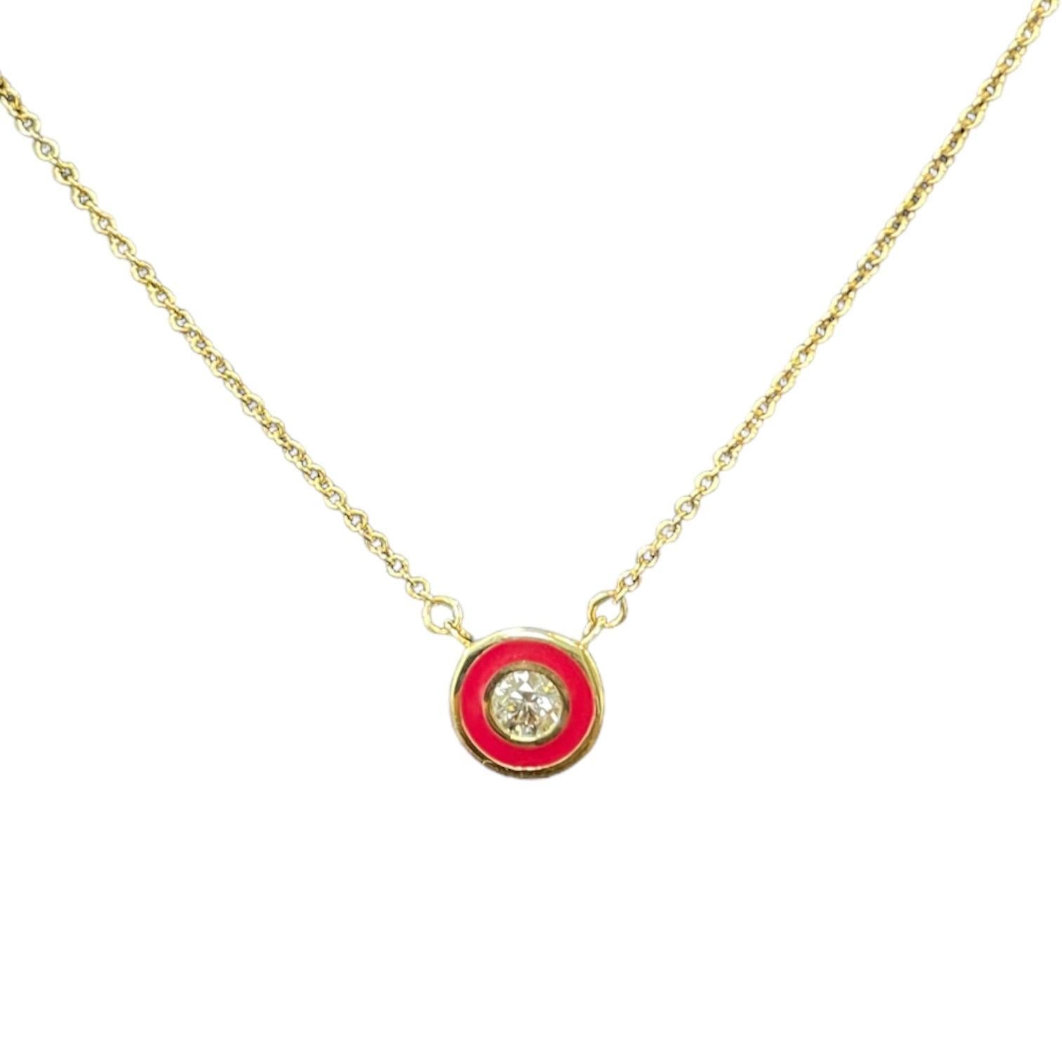 Enhance your jewelry collection with our exquisite 14K Yellow Gold Round Necklace, featuring a striking red enamel pendant. This sophisticated piece is adorned with a radiant diamond, boasting a total carat weight of 0.13, making it an eye-catching
