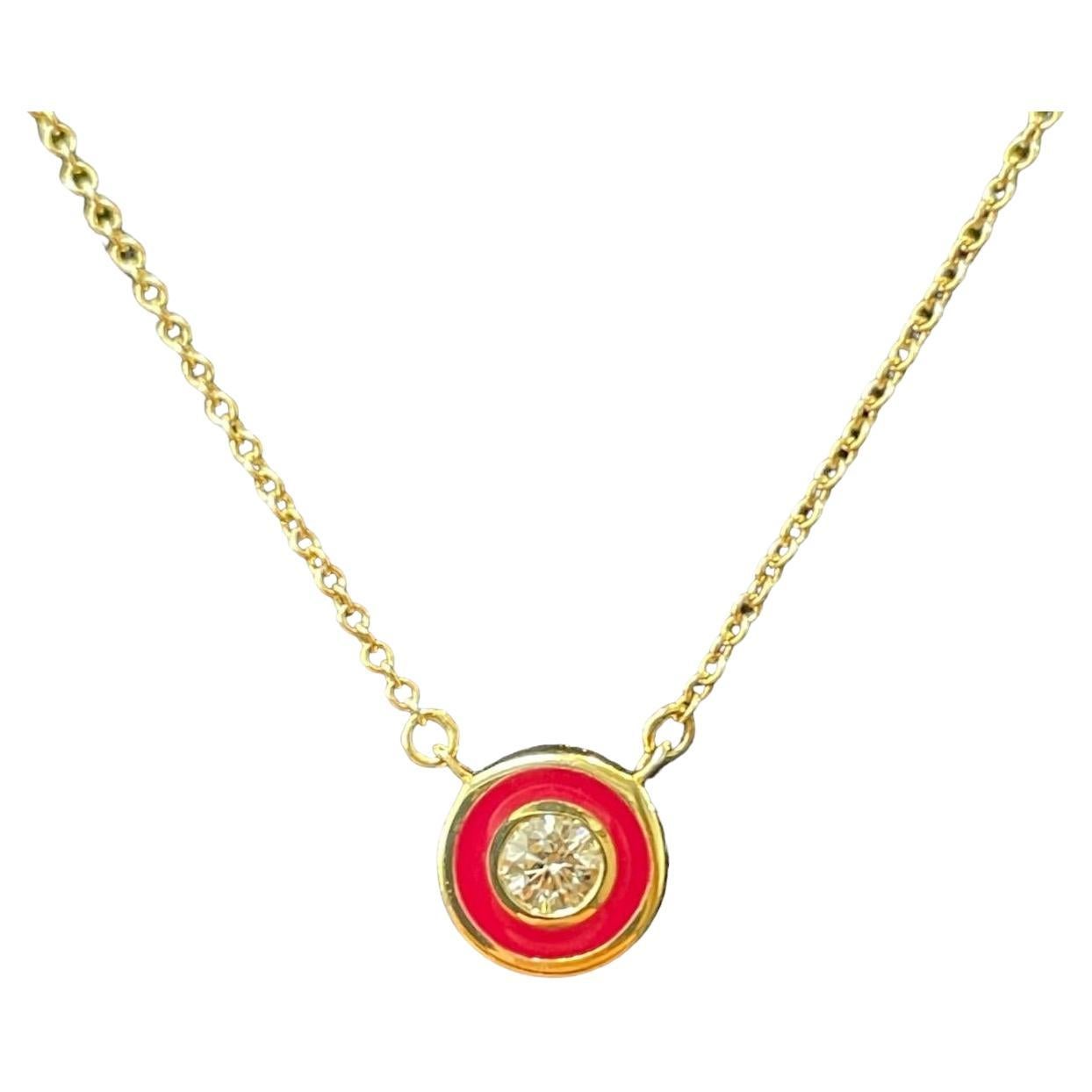 14K Yellow Gold & Red Enamel Diamond Round Necklace For Sale